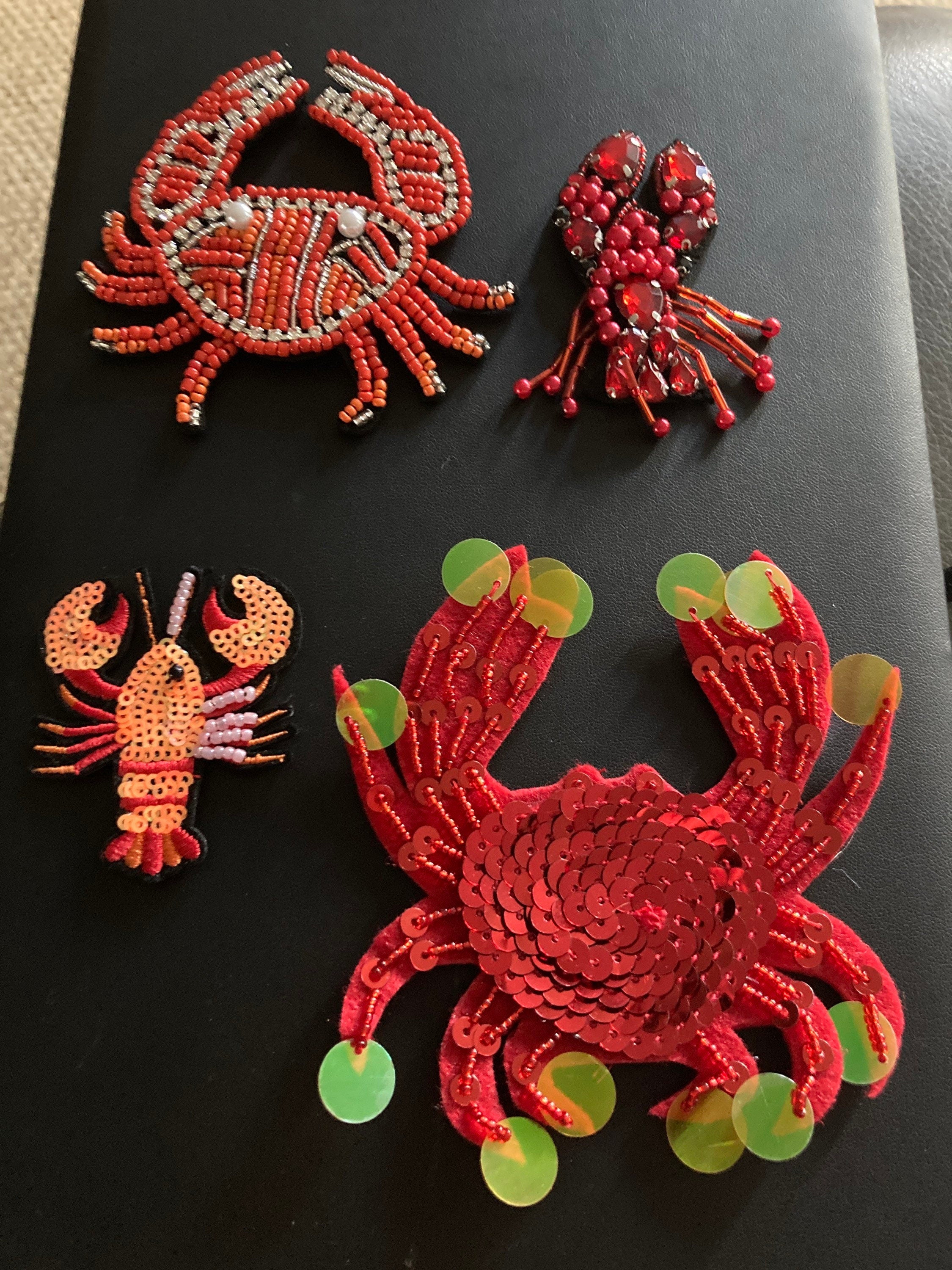 Small iron on lobster patch 6 x 5cm Pearl seed coral sequins