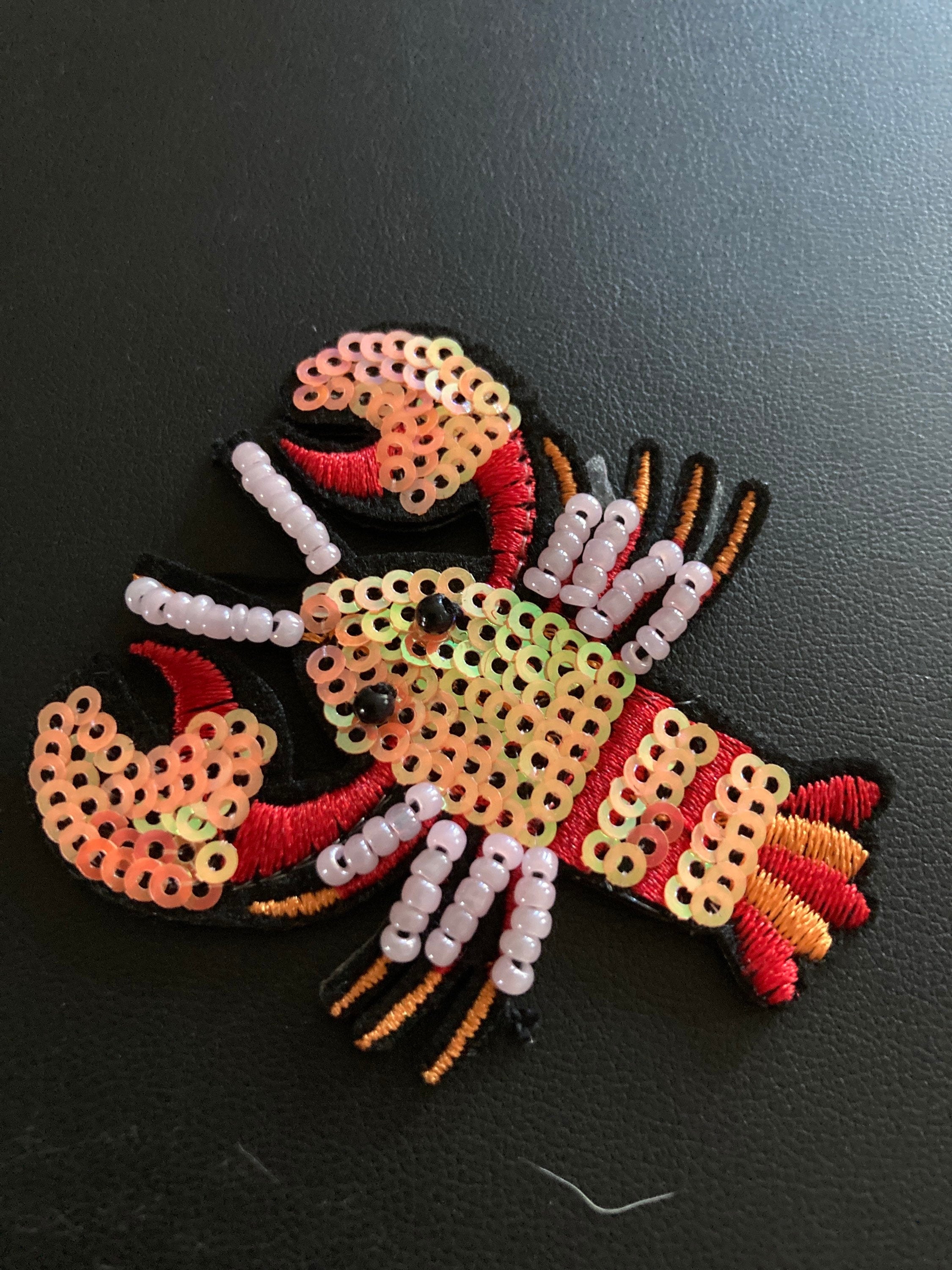 Small iron on lobster patch 6 x 5cm Pearl seed coral sequins