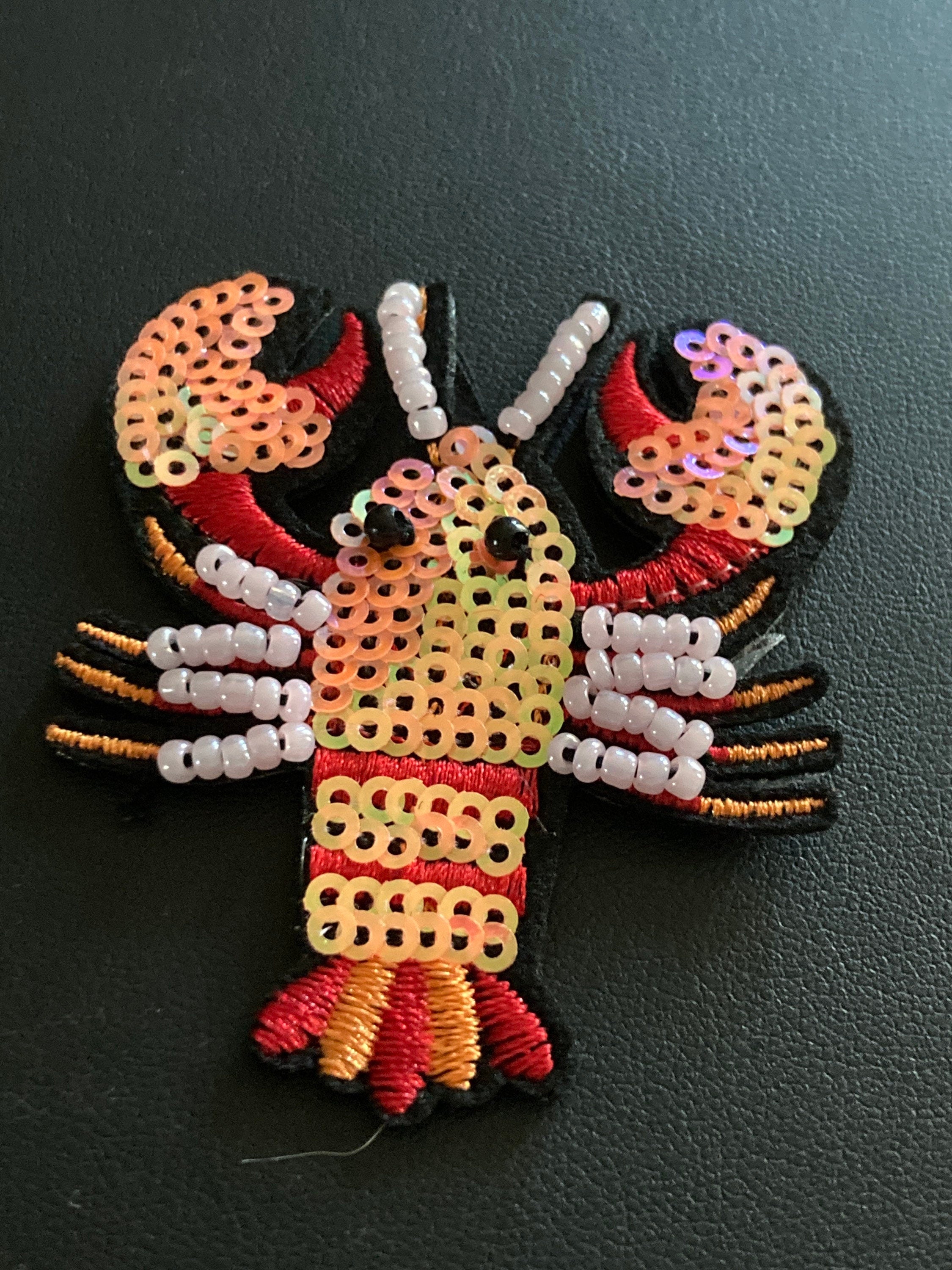Small iron on lobster patch 6 x 5cm Pearl seed coral sequins