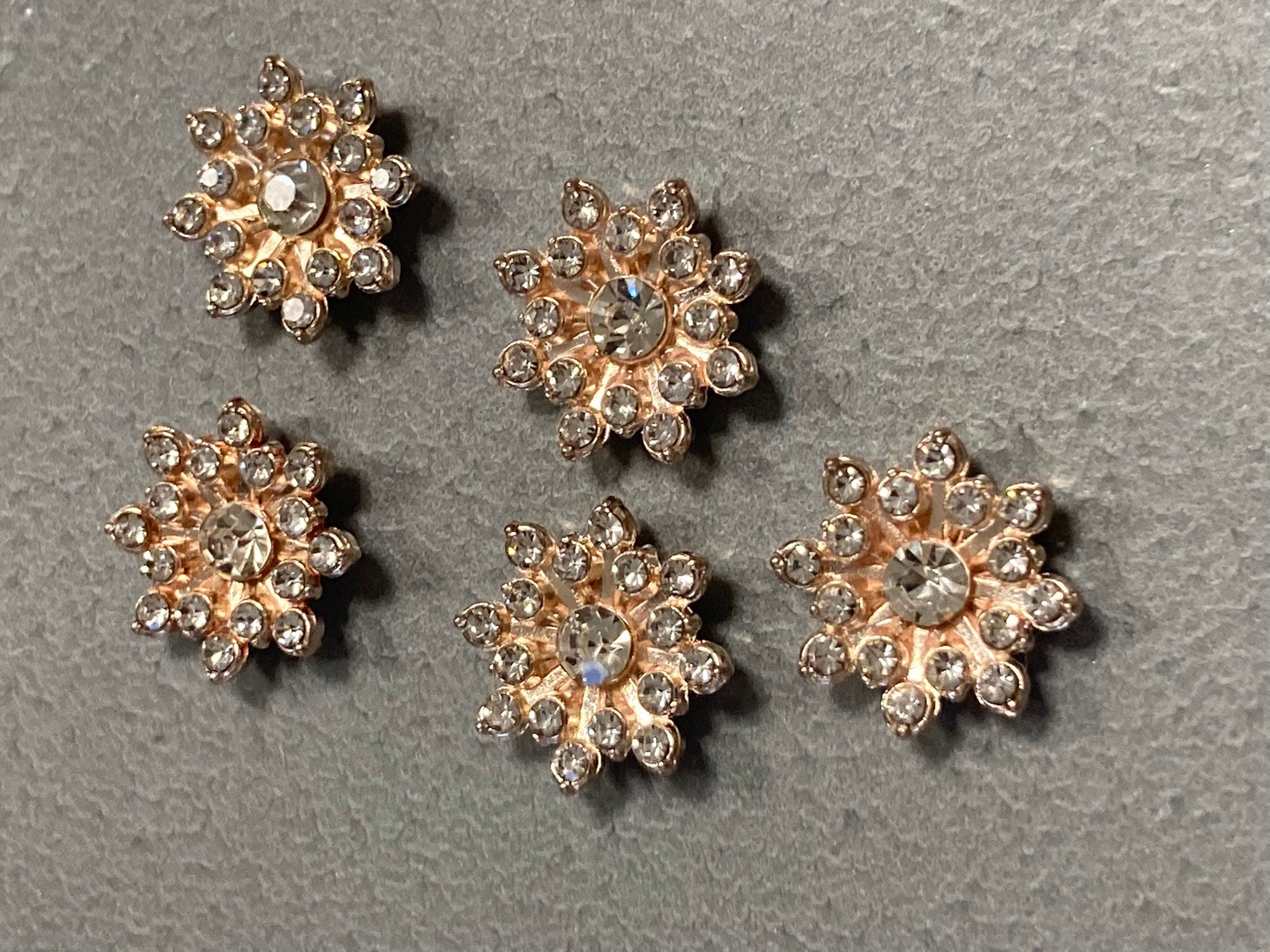 16mm Set of 5 diamanté crystal embellishments for crafts gold metal flat backed