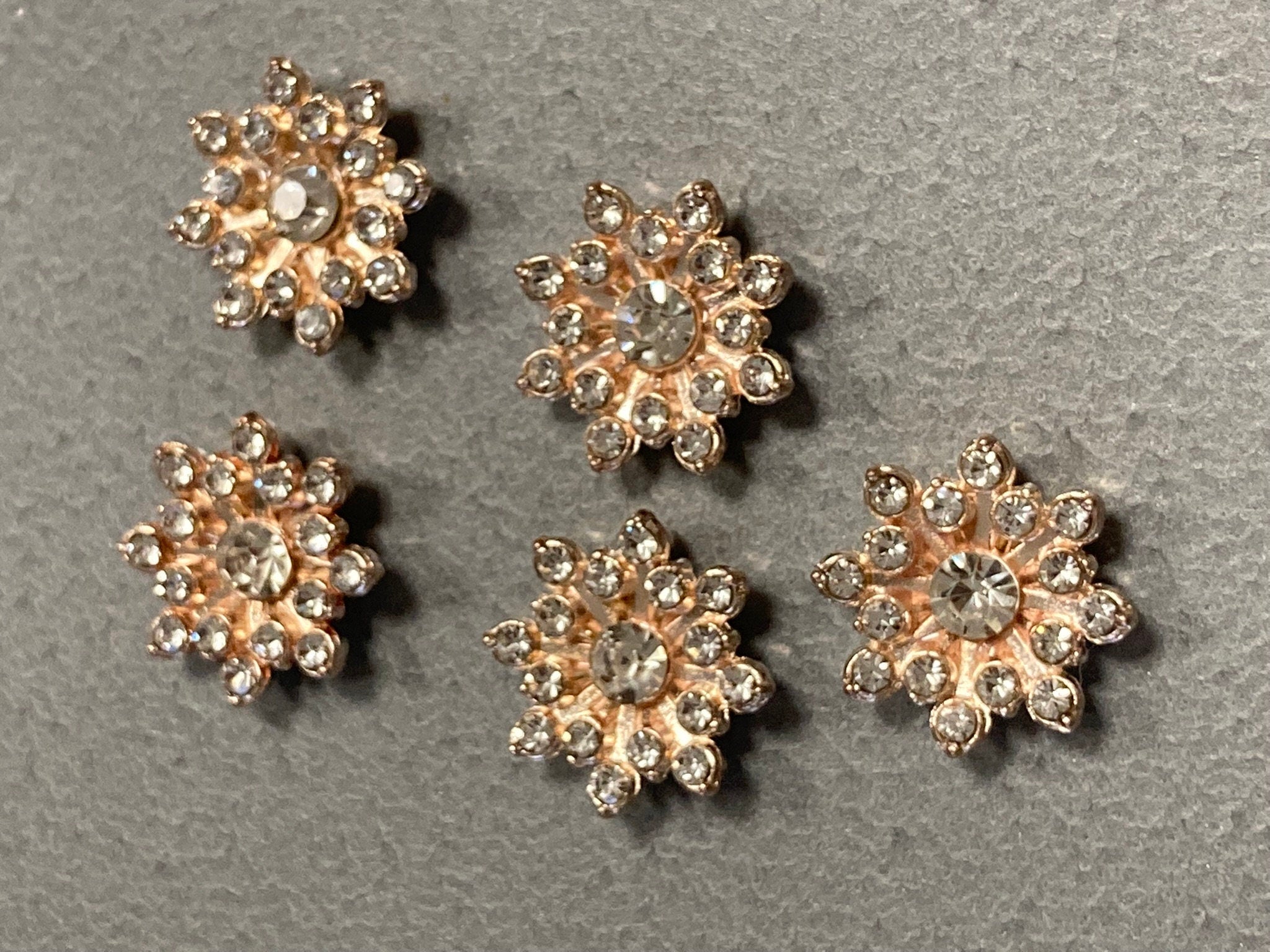 16mm Set of 5 diamanté crystal embellishments for crafts gold metal flat backed