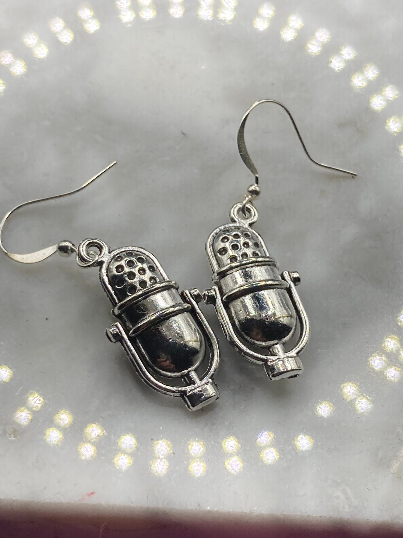 Novelty microphone earrings, pierced silver tone vintage style