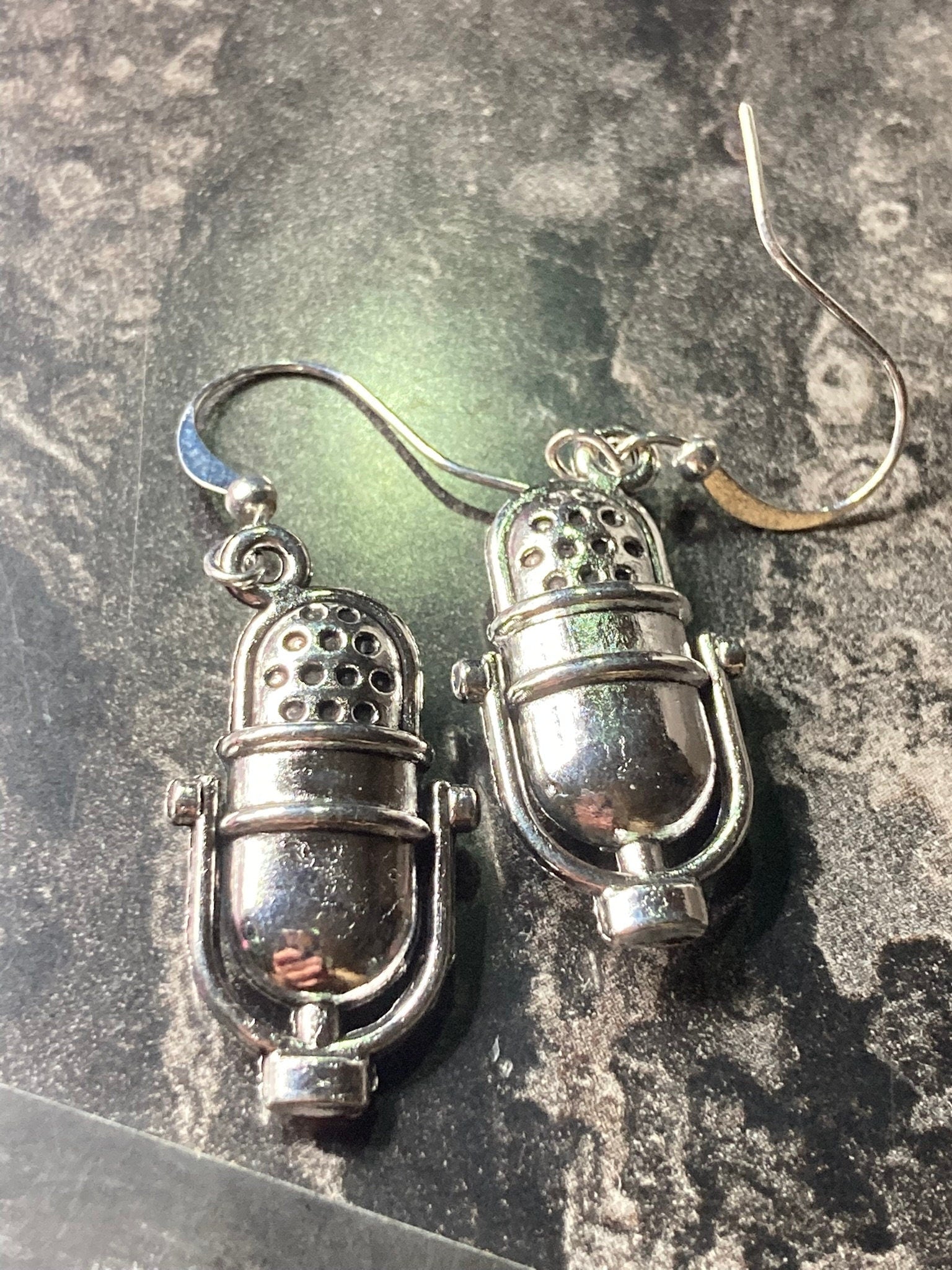 Novelty microphone earrings, pierced silver tone vintage style