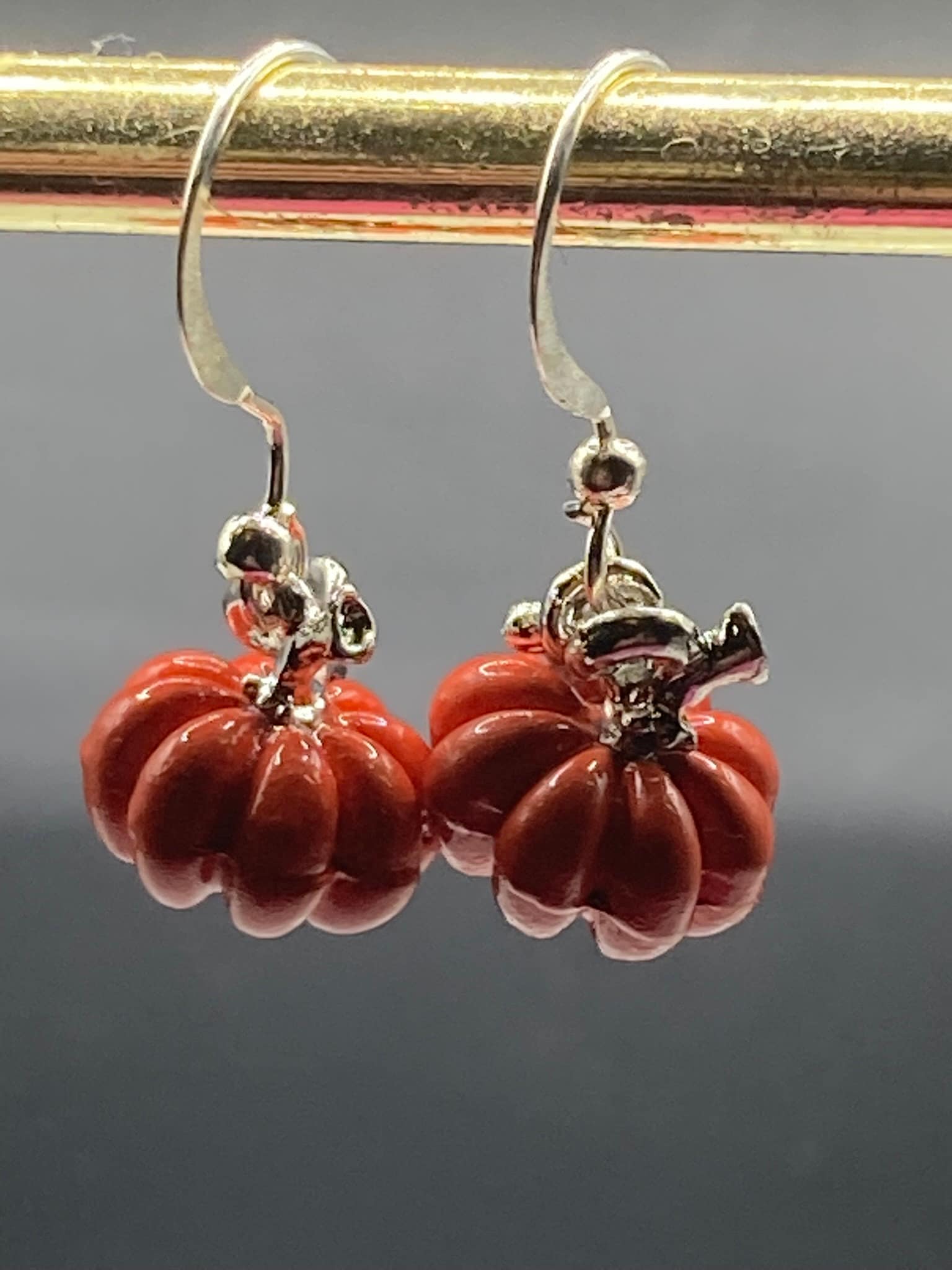 orange enamel PUMPKIN earrings silver tone small drops for pierced ears Halloween