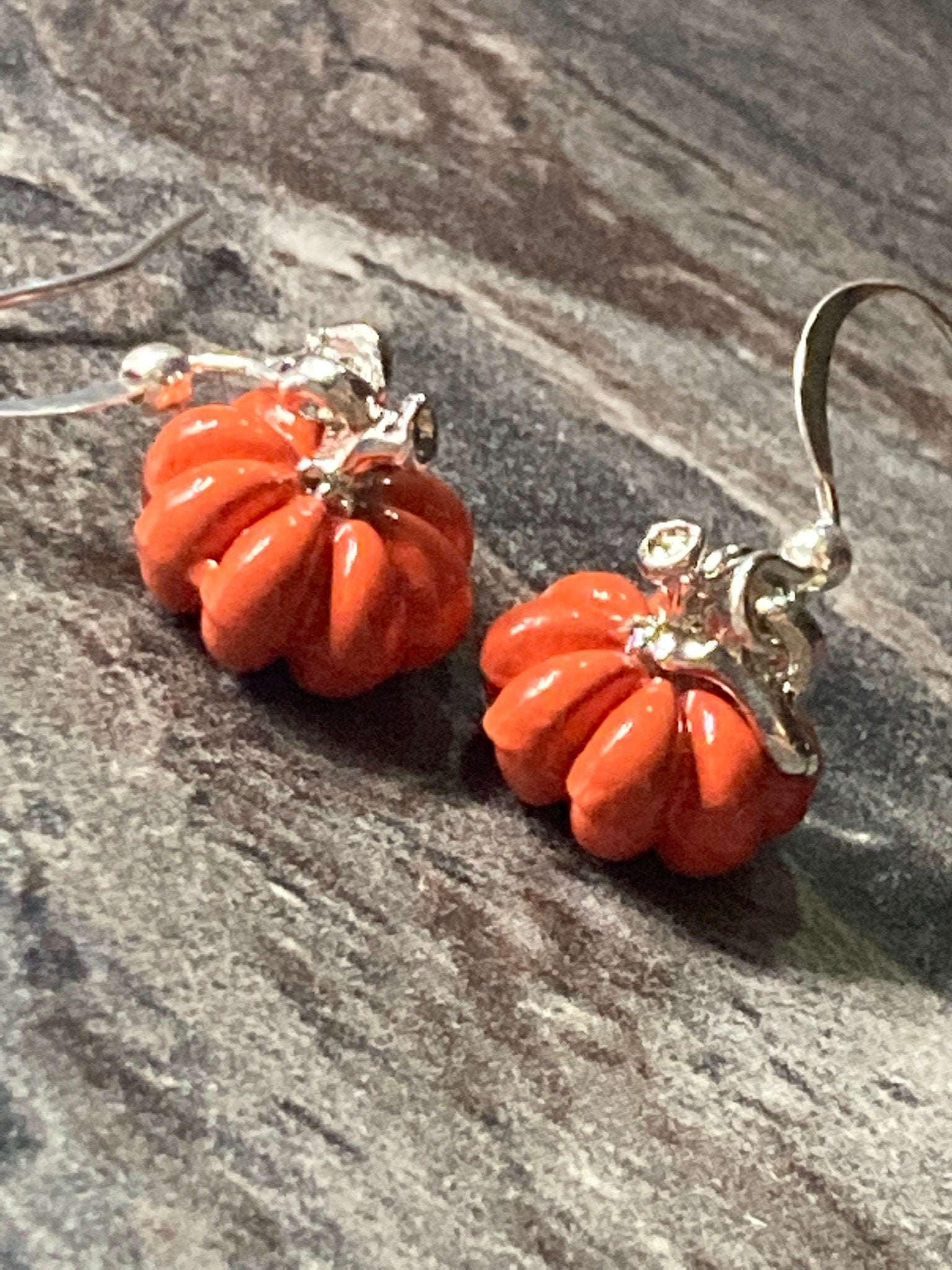 orange enamel PUMPKIN earrings silver tone small drops for pierced ears Halloween