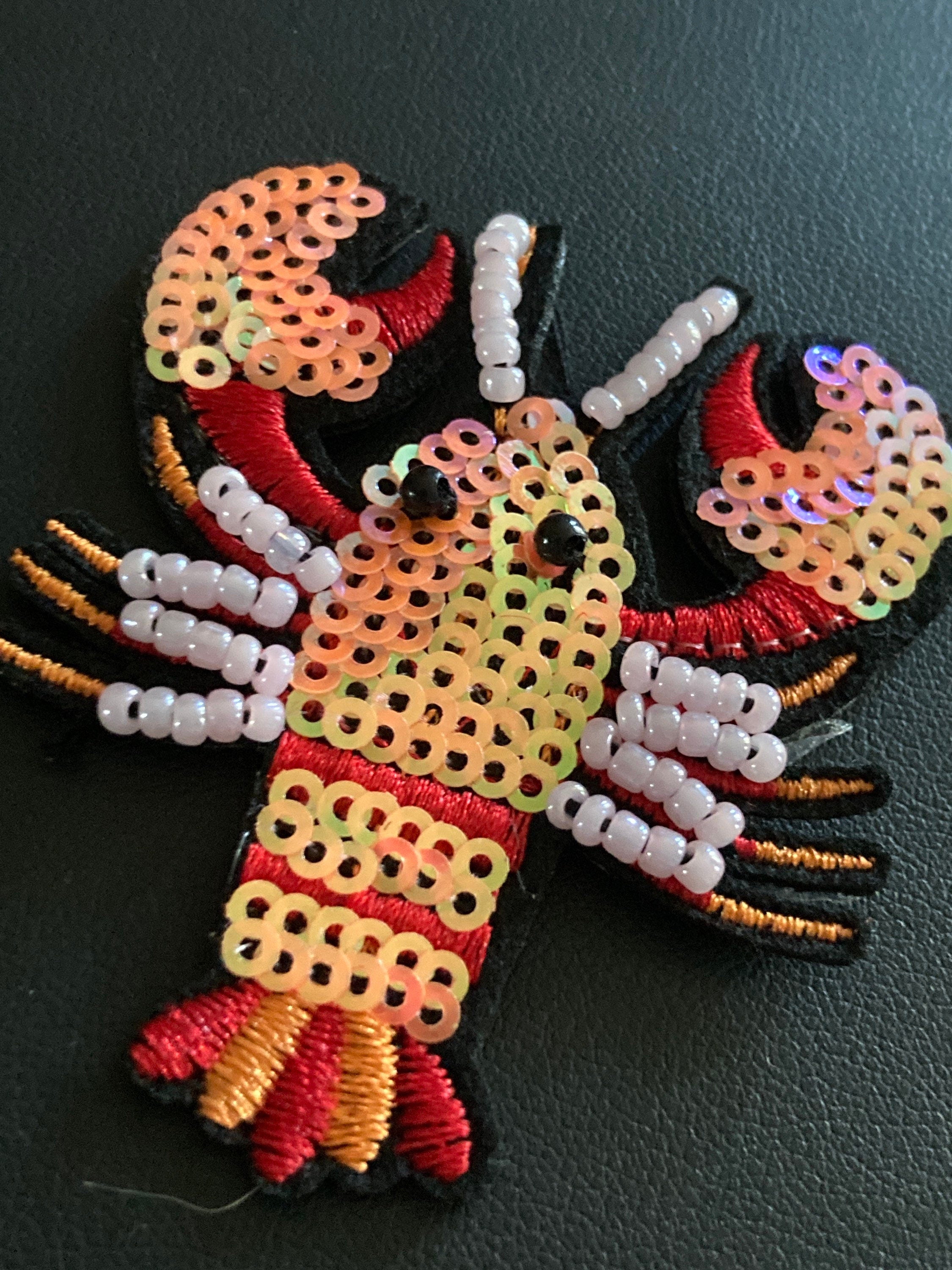 Small iron on lobster patch 6 x 5cm Pearl seed coral sequins