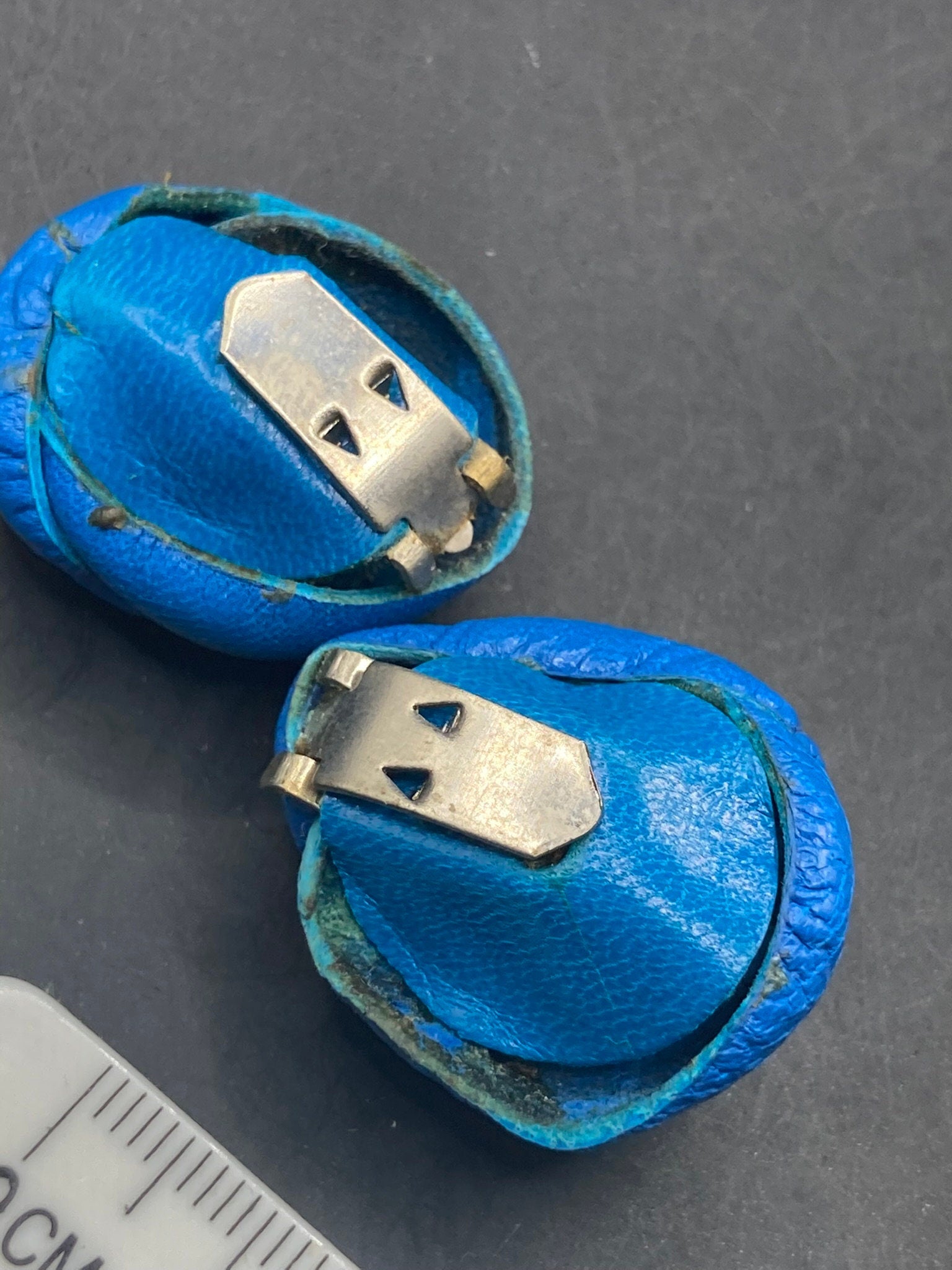 Vintage soft Leather pair of bright blue flower twist shoe clips 1980s