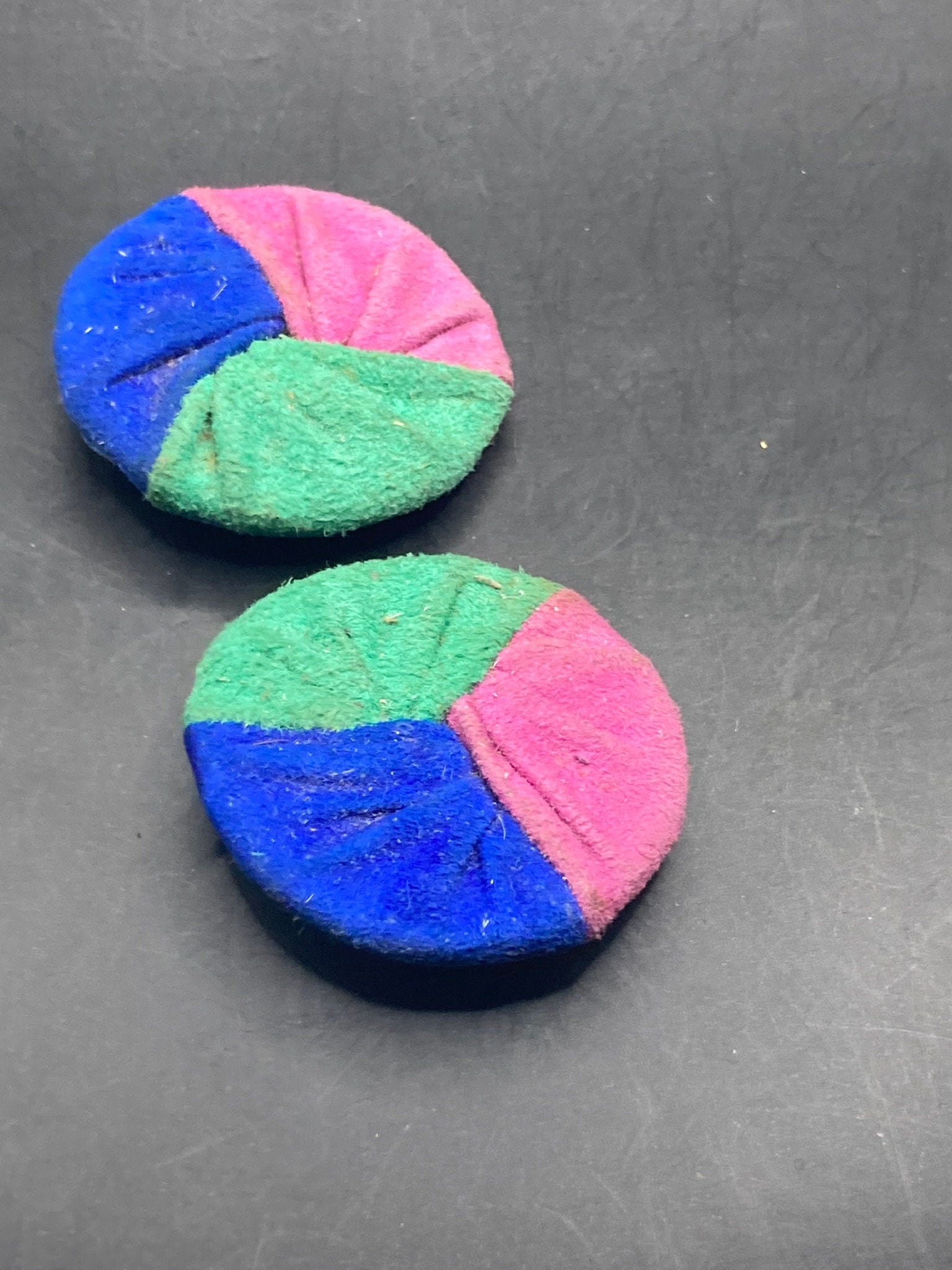Vintage soft suede Leather pair of blue green pink tricolour shoe clips 1980s