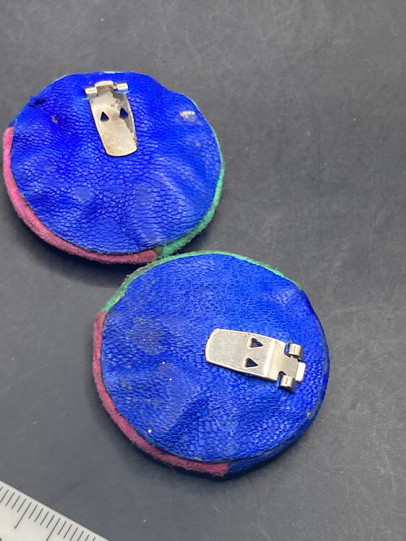 Vintage soft suede Leather pair of blue green pink tricolour shoe clips 1980s