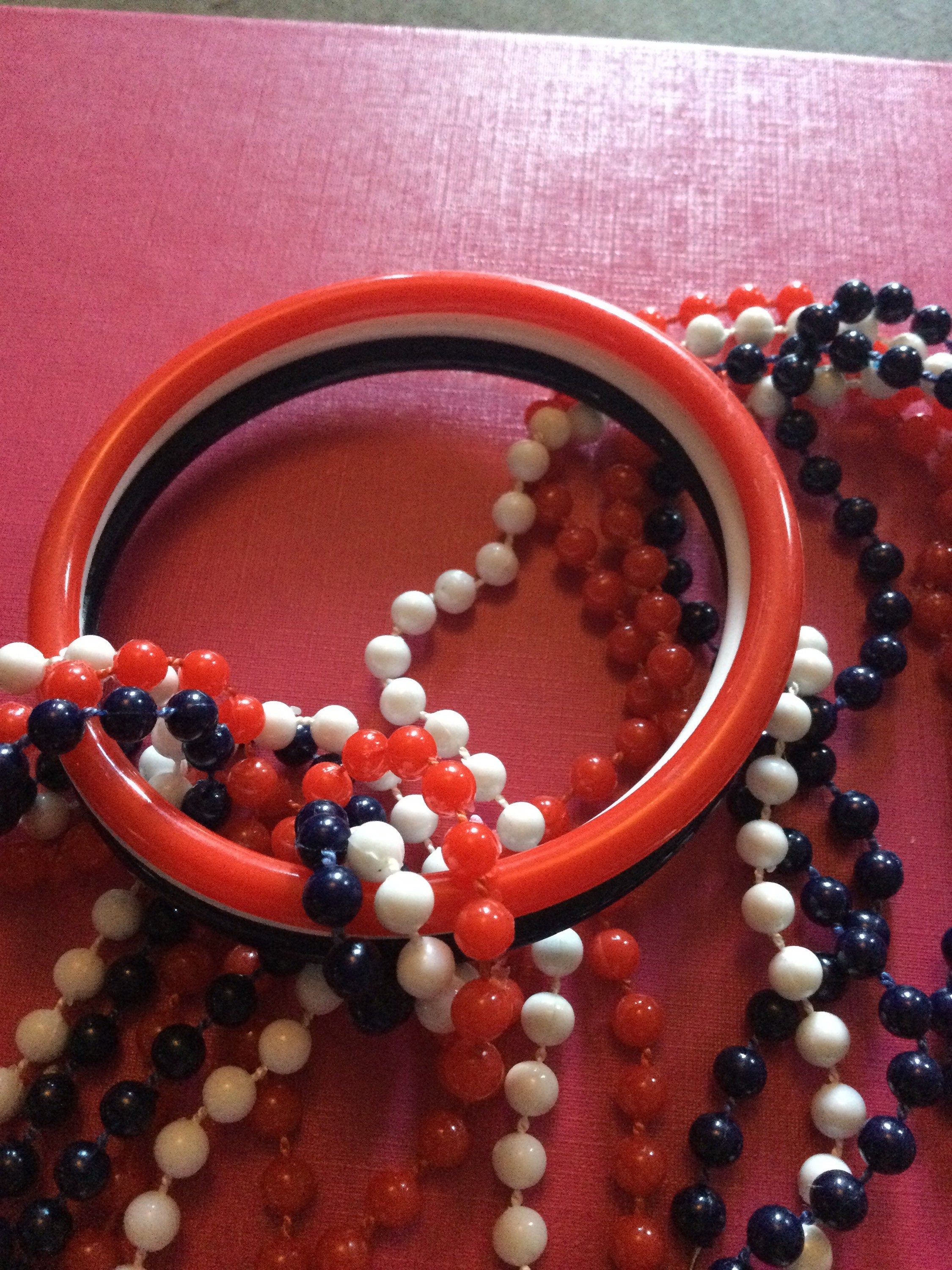 1960s patriotic USA UK France red white blue fixed plastic beaded jewellery set 3 necklaces & bangles