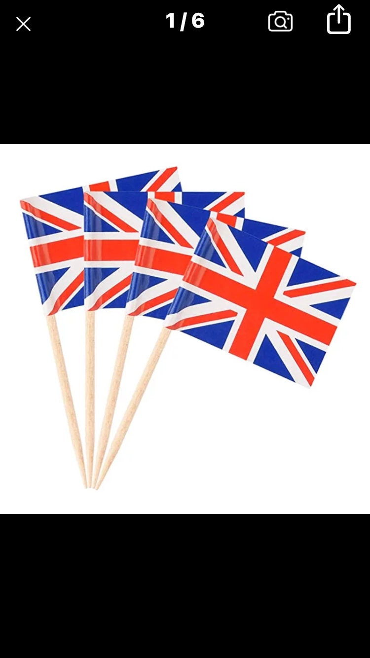 pack of 50 x Union Jack Flag Cocktail Sticks kings coronation cupcake toppers