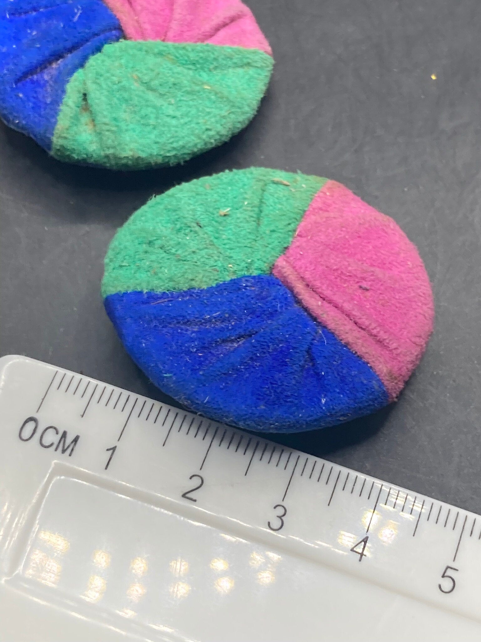 Vintage soft suede Leather pair of blue green pink tricolour shoe clips 1980s