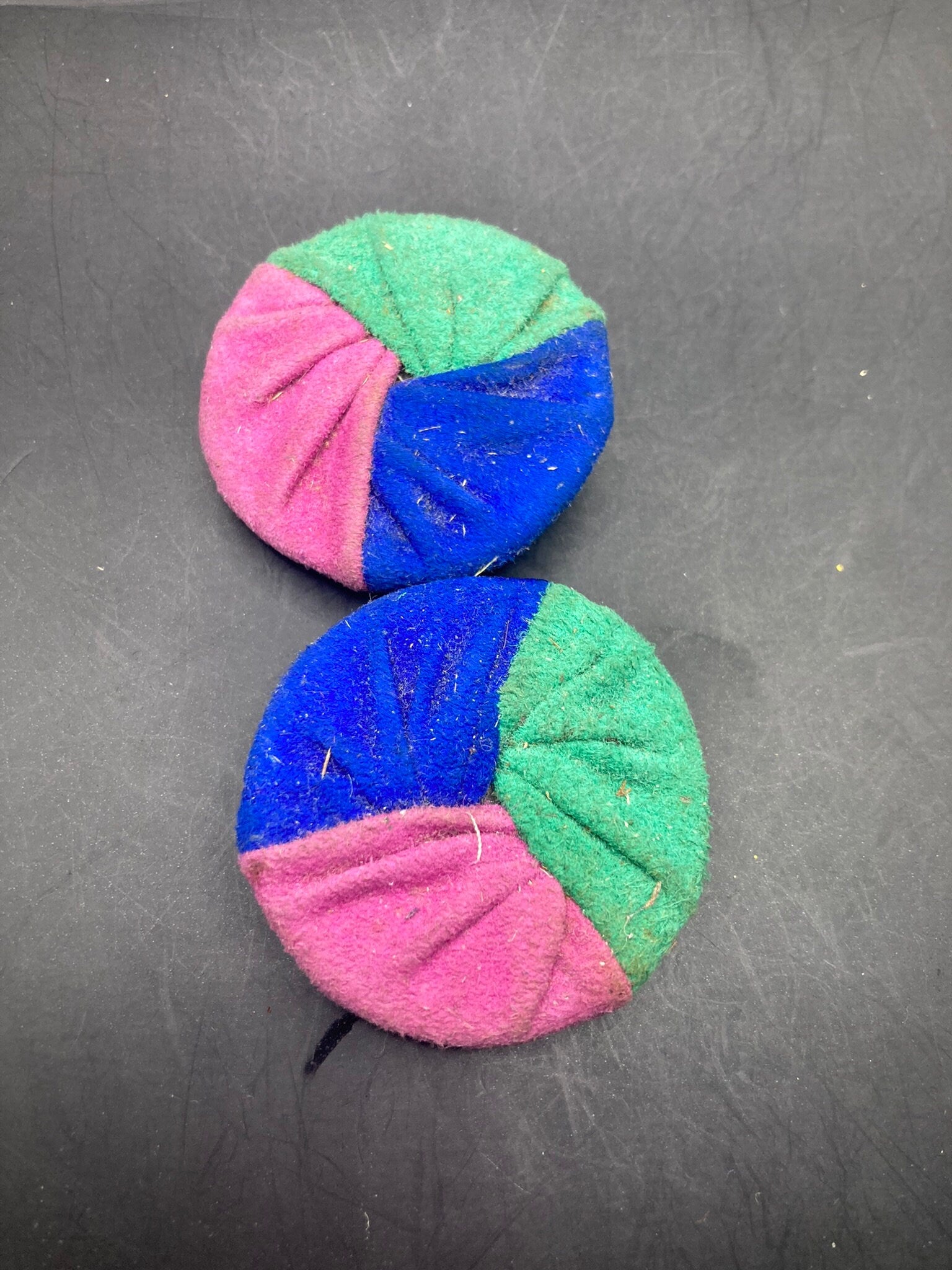 Vintage soft suede Leather pair of blue green pink tricolour shoe clips 1980s