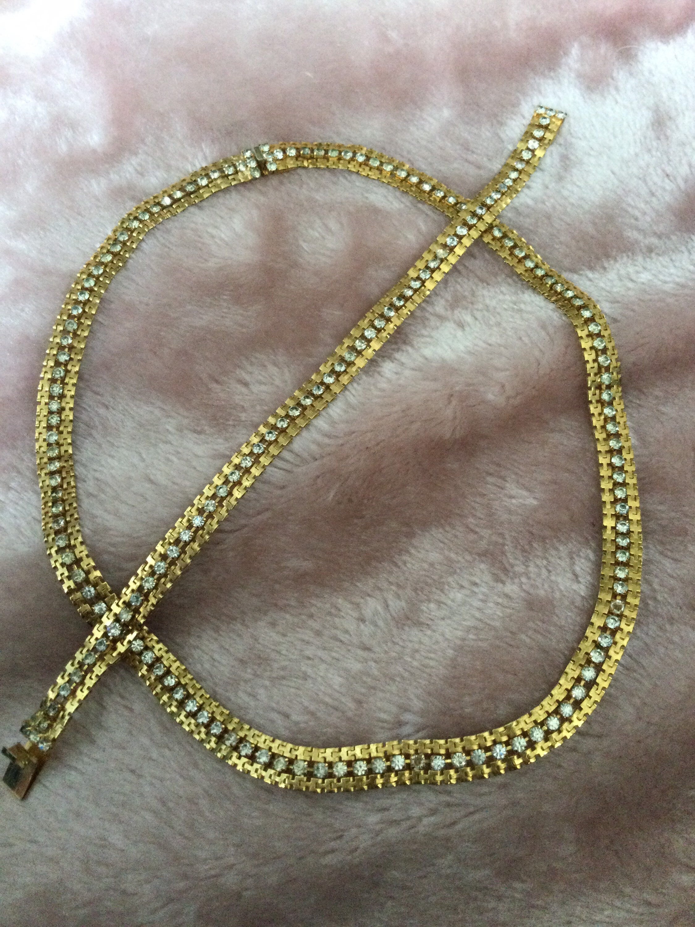 Vintage Gold plated modernist textured mesh collar necklace and bracelet set diamanté