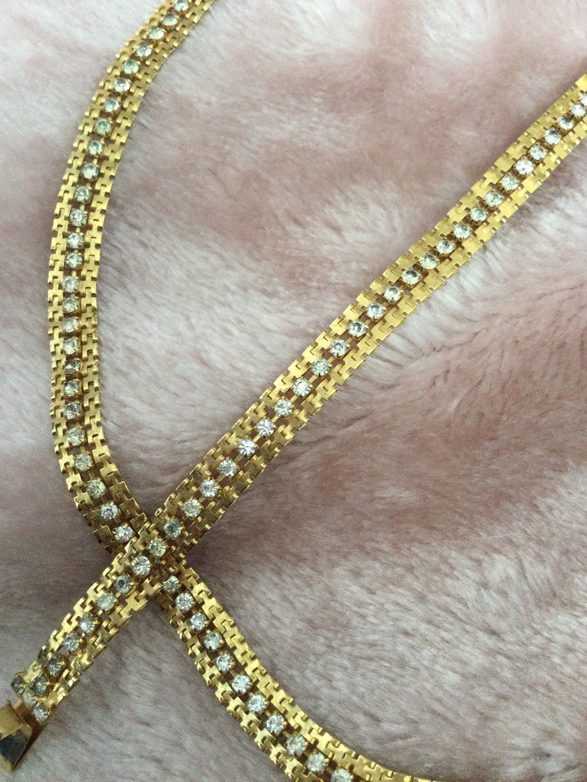 Vintage Gold plated modernist textured mesh collar necklace and bracelet set diamanté