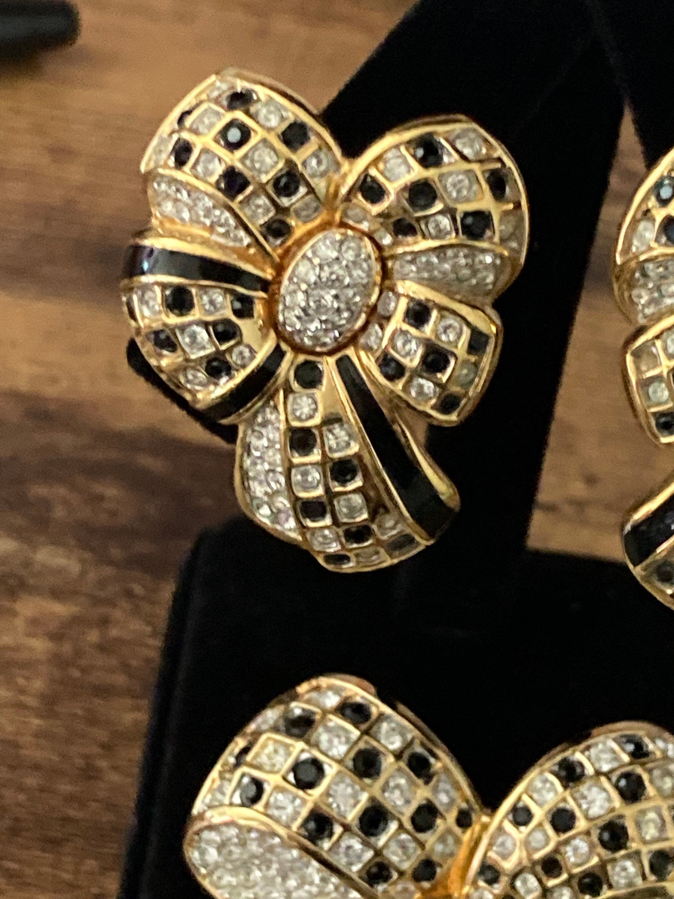 Swarovski crystal black & clear diamanté bow clip on earrings and brooch, signed jewellery set