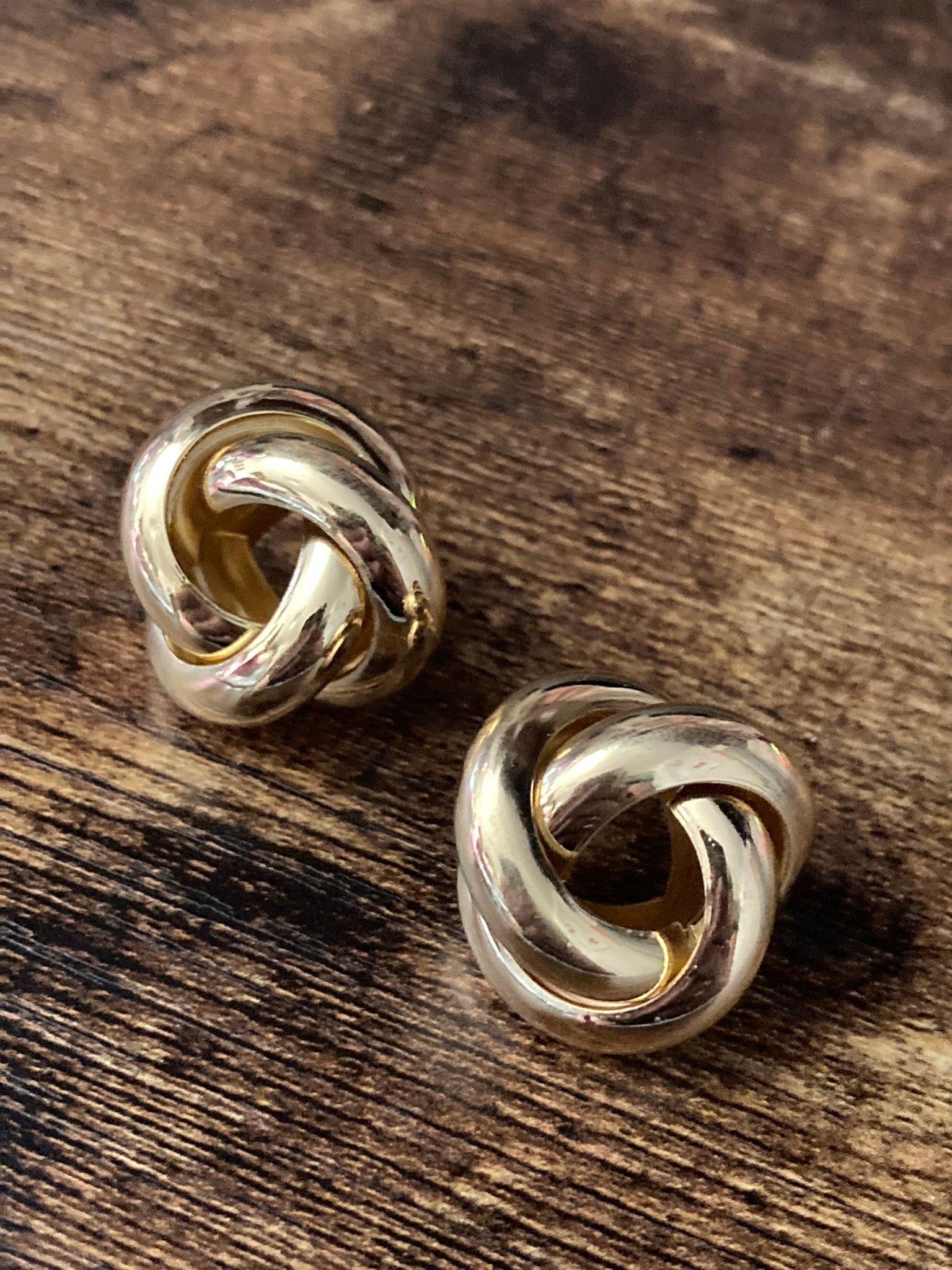 Big Tube knot earrings, pierced ears gold tone, 1980s