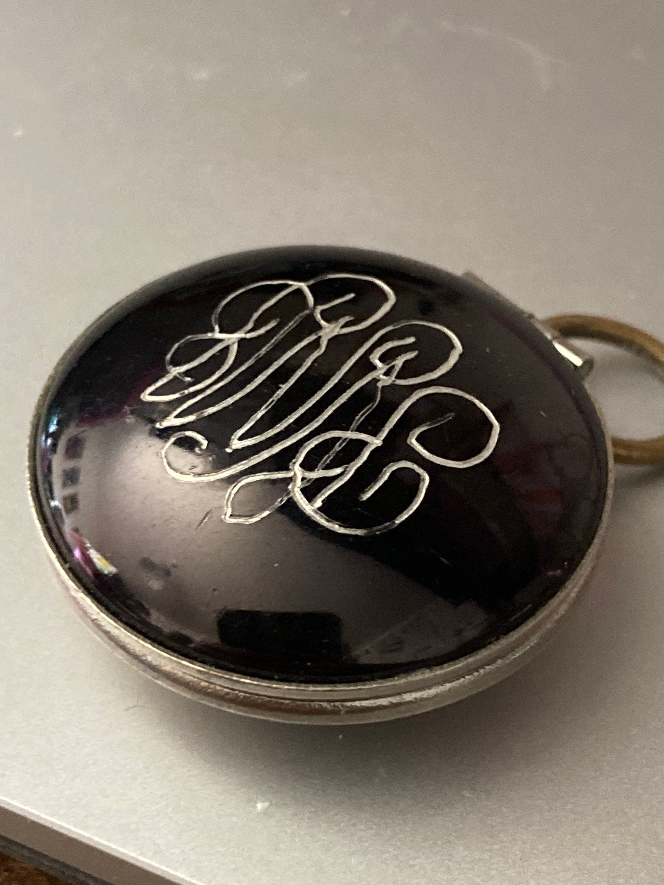 Antique silver tone brushed metal glass cabochon engraved monogrammed locket
