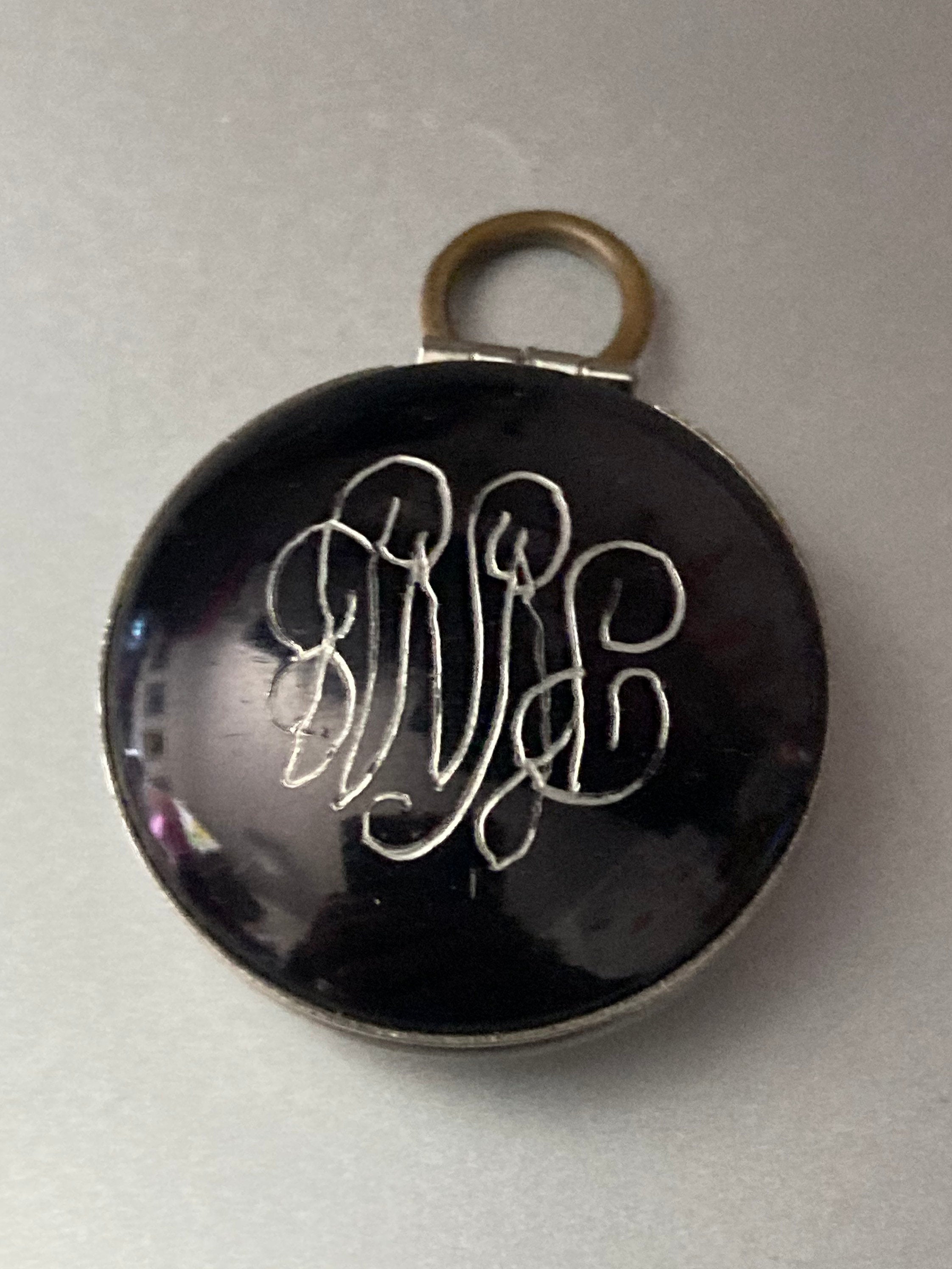 Antique silver tone brushed metal glass cabochon engraved monogrammed locket