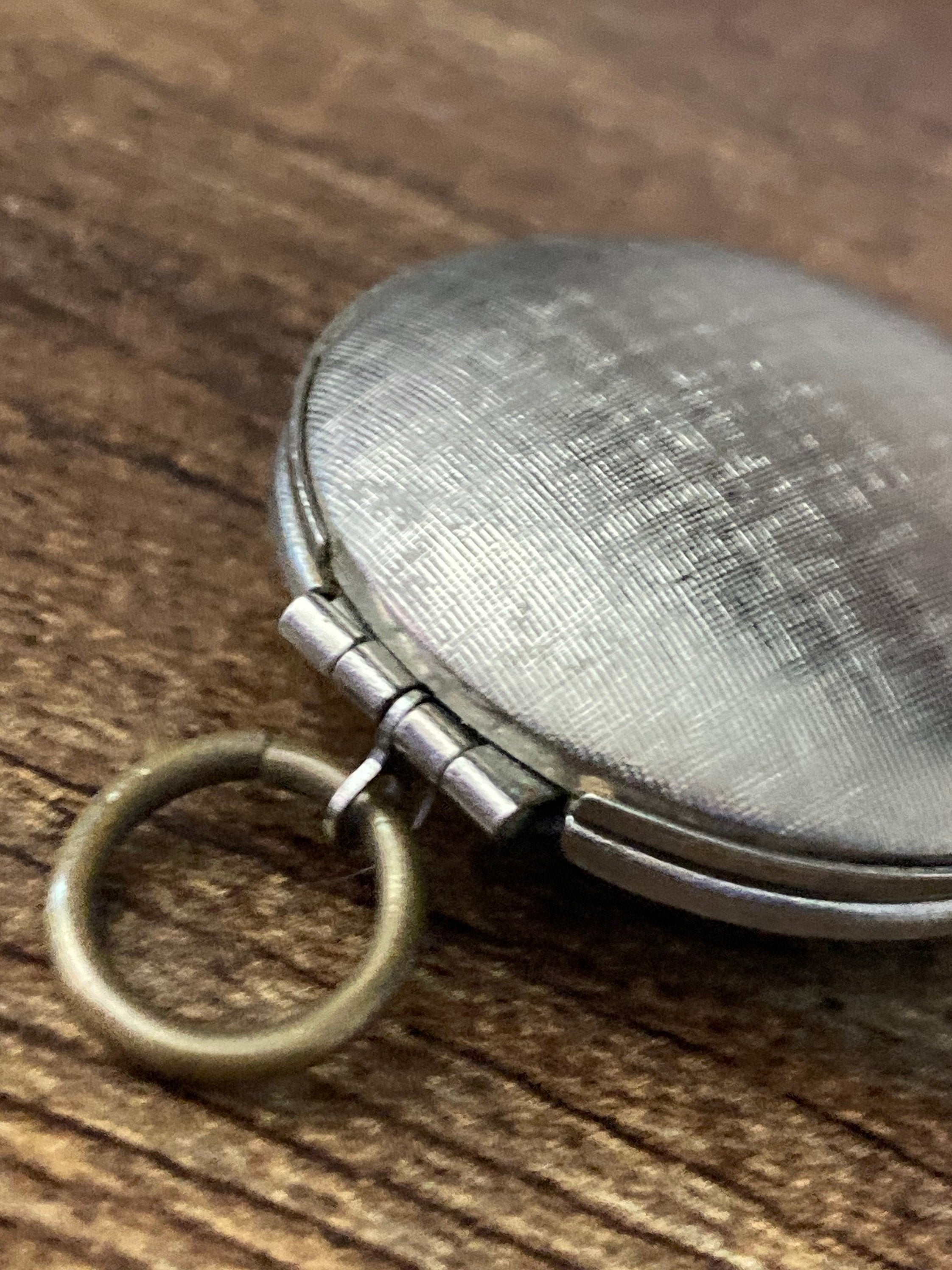 Antique silver tone brushed metal glass cabochon engraved monogrammed locket
