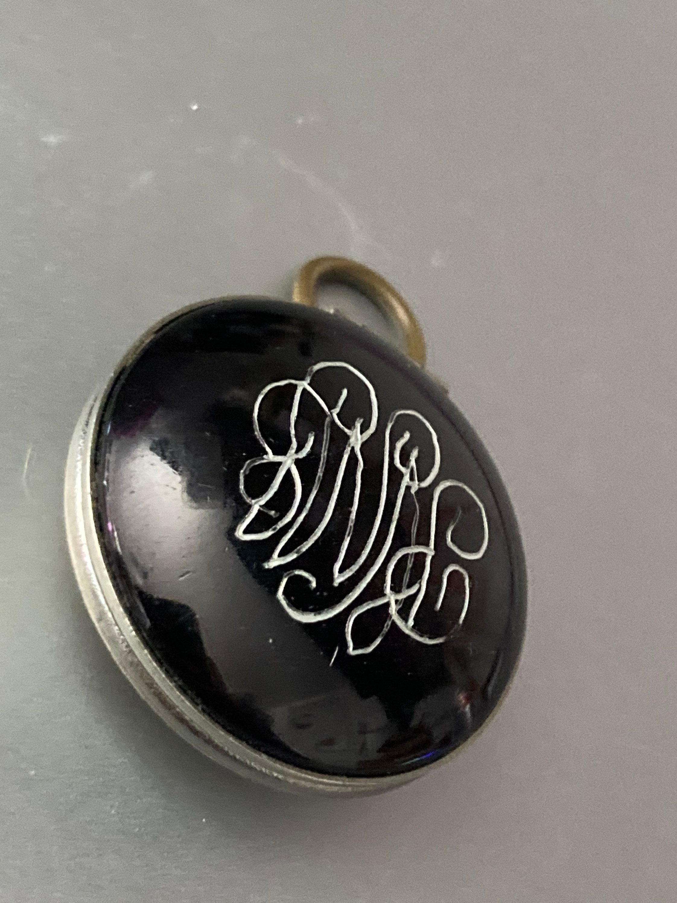 Antique silver tone brushed metal glass cabochon engraved monogrammed locket