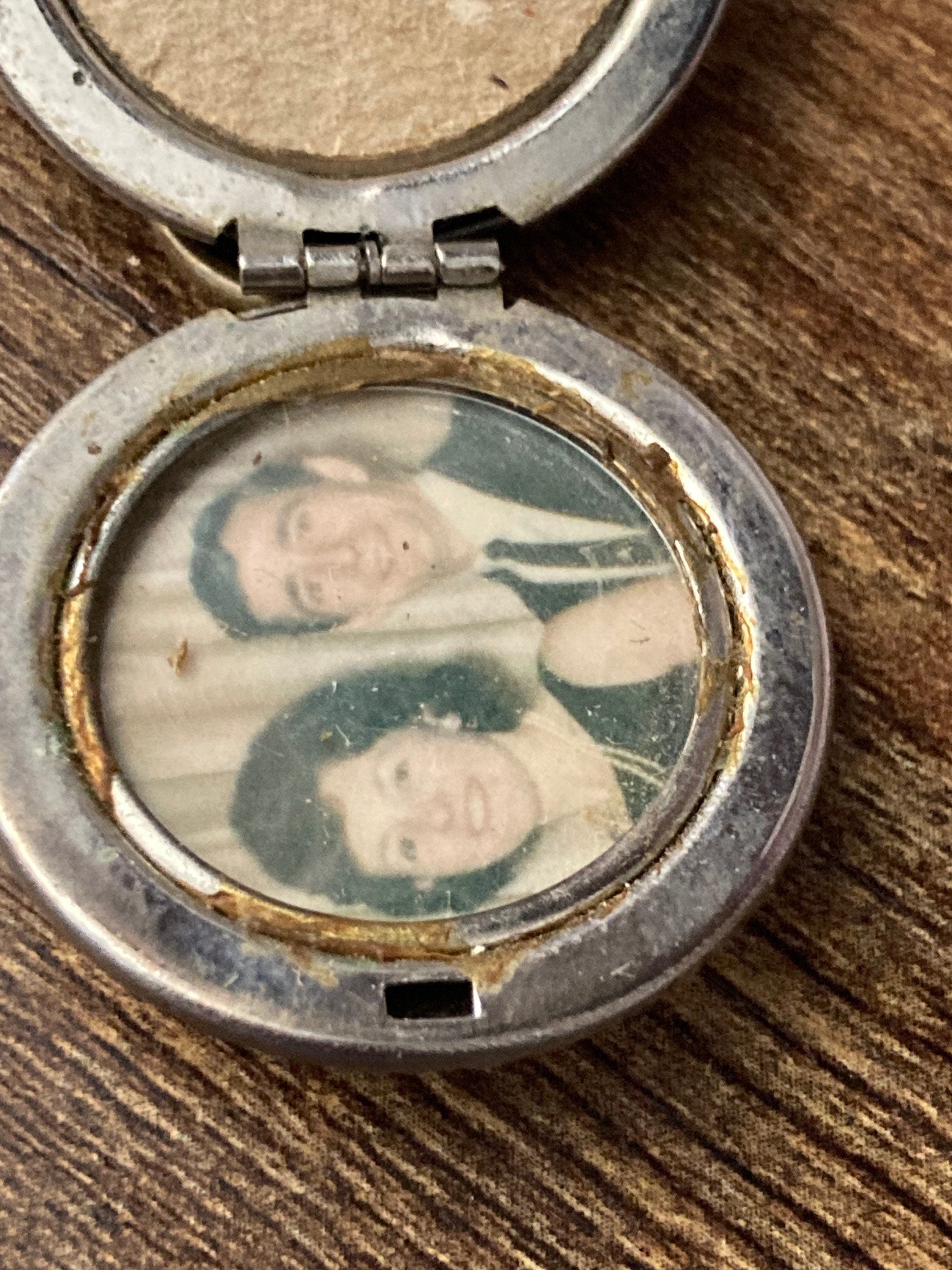 Antique silver tone brushed metal glass cabochon engraved monogrammed locket