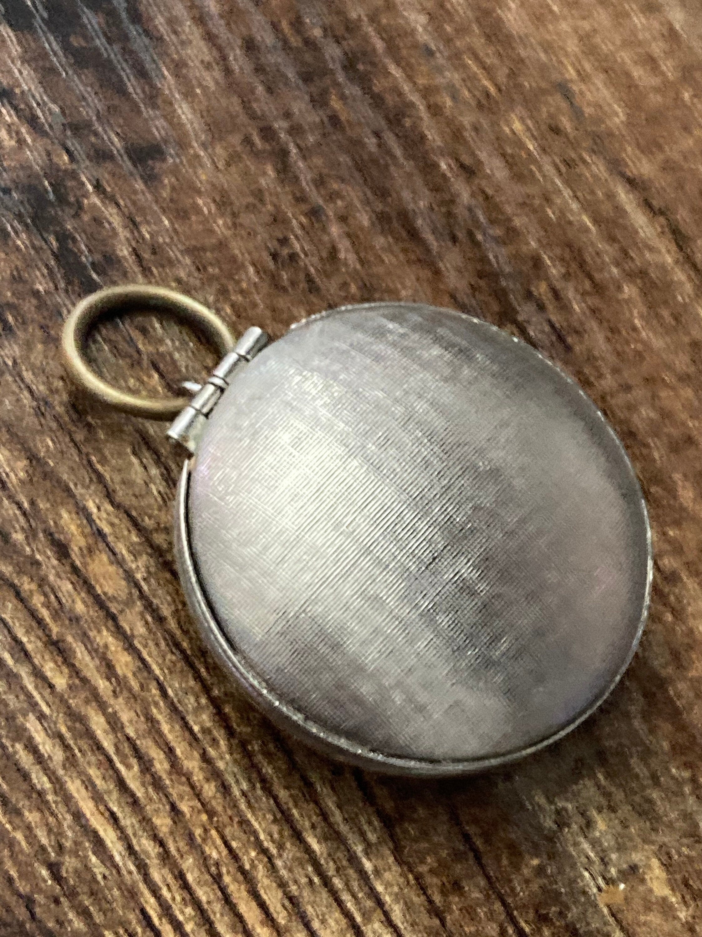 Antique silver tone brushed metal glass cabochon engraved monogrammed locket