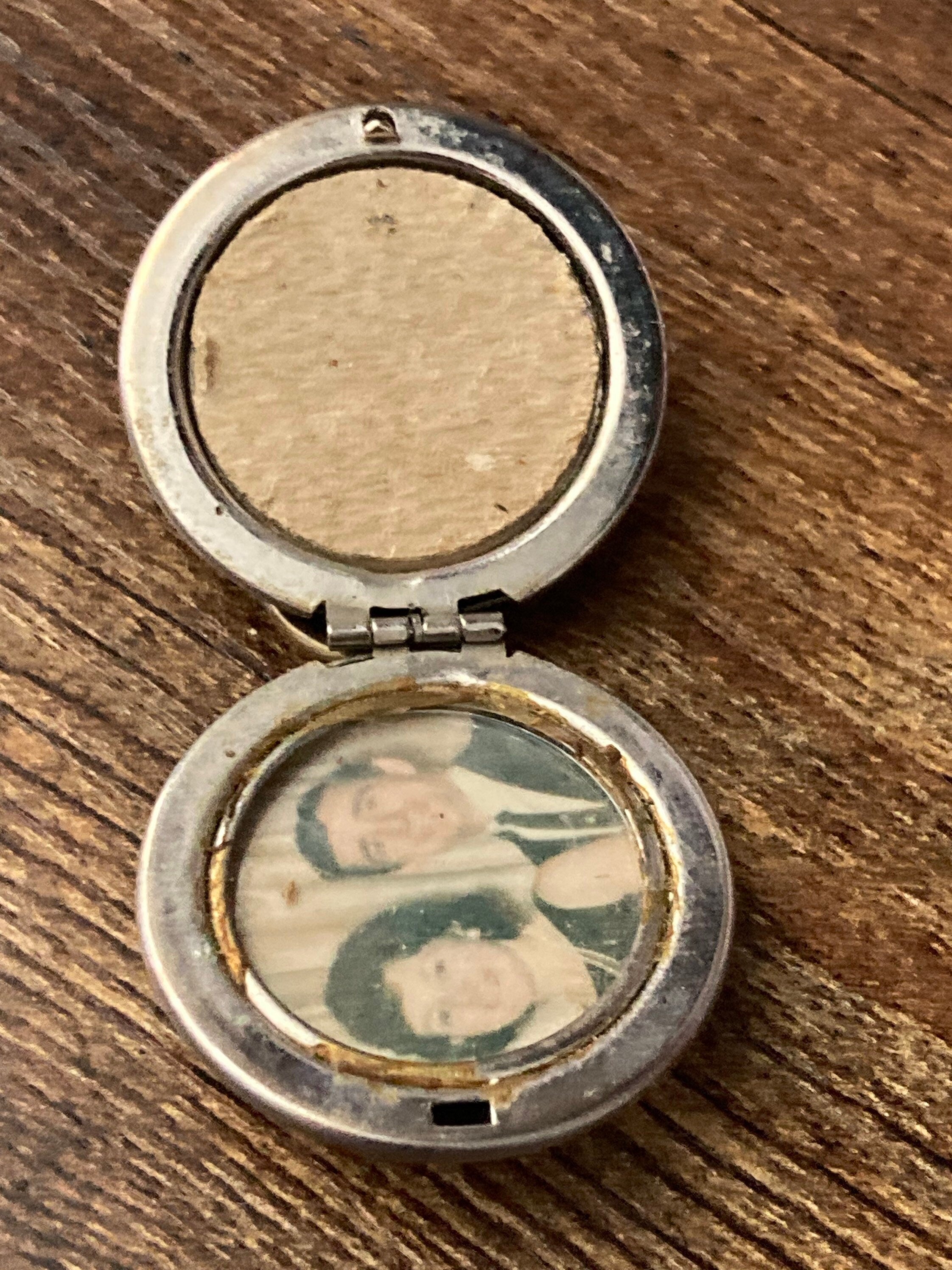 Antique silver tone brushed metal glass cabochon engraved monogrammed locket