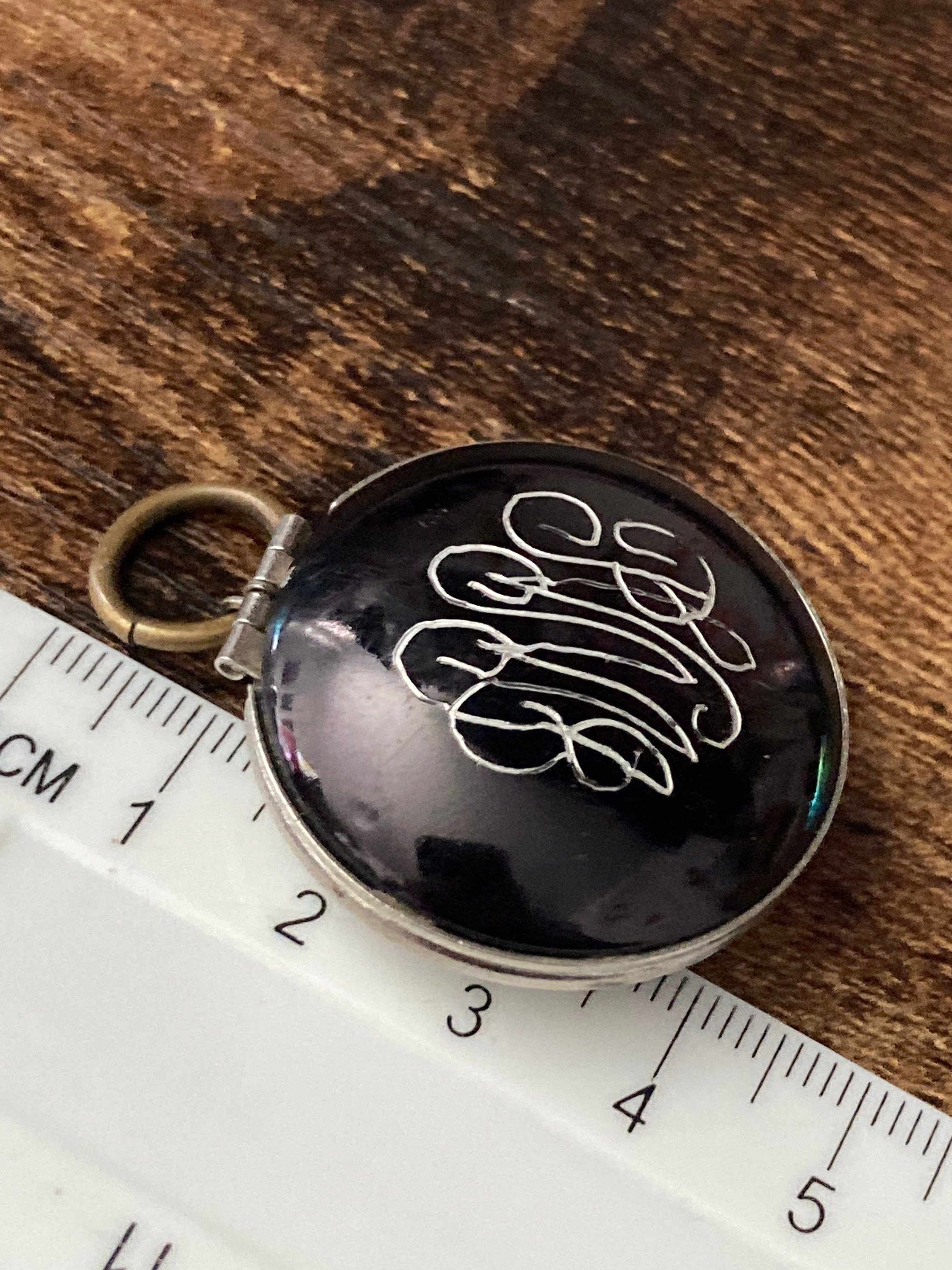 Antique silver tone brushed metal glass cabochon engraved monogrammed locket