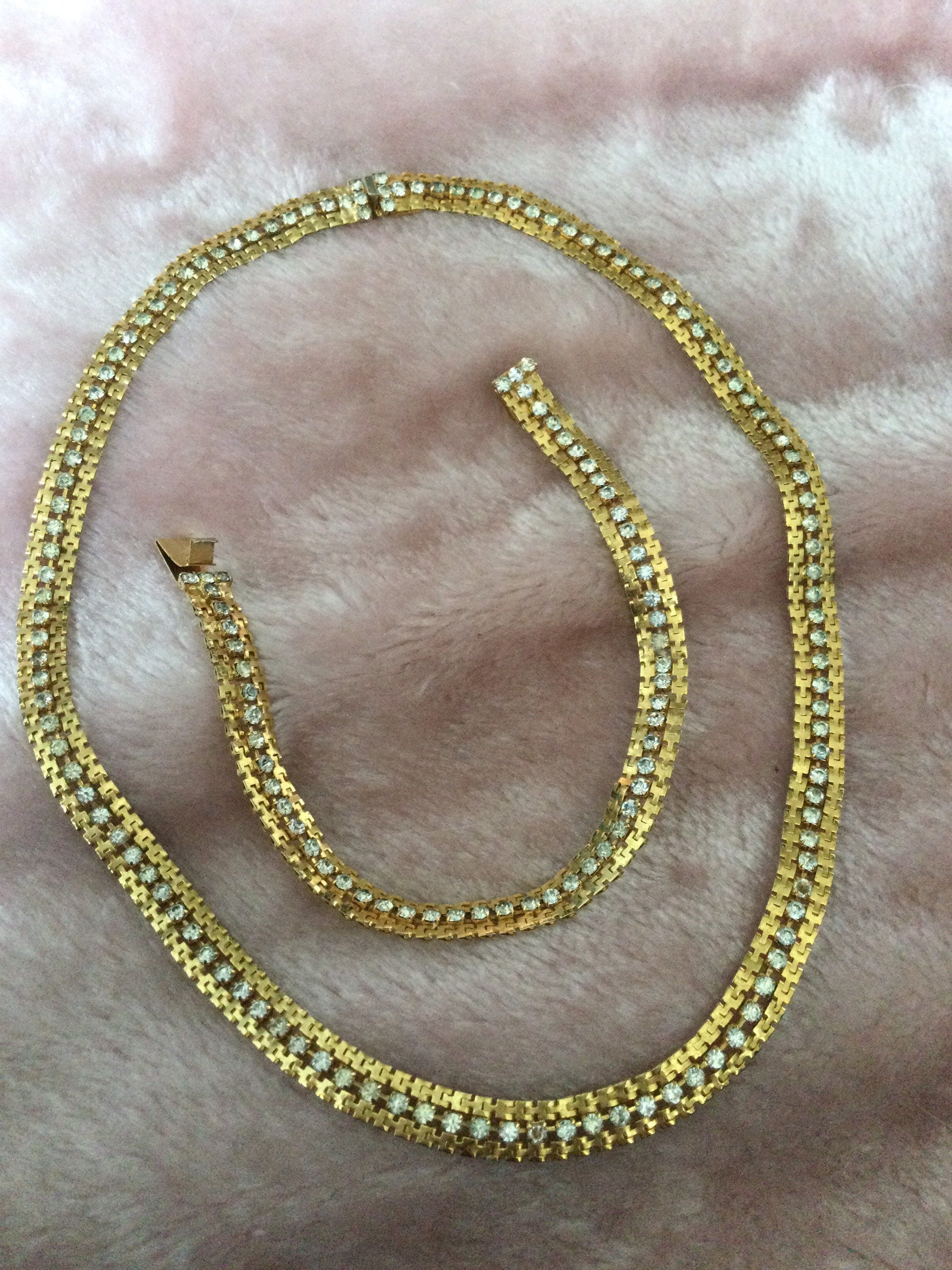 Vintage Gold plated modernist textured mesh collar necklace and bracelet set diamanté