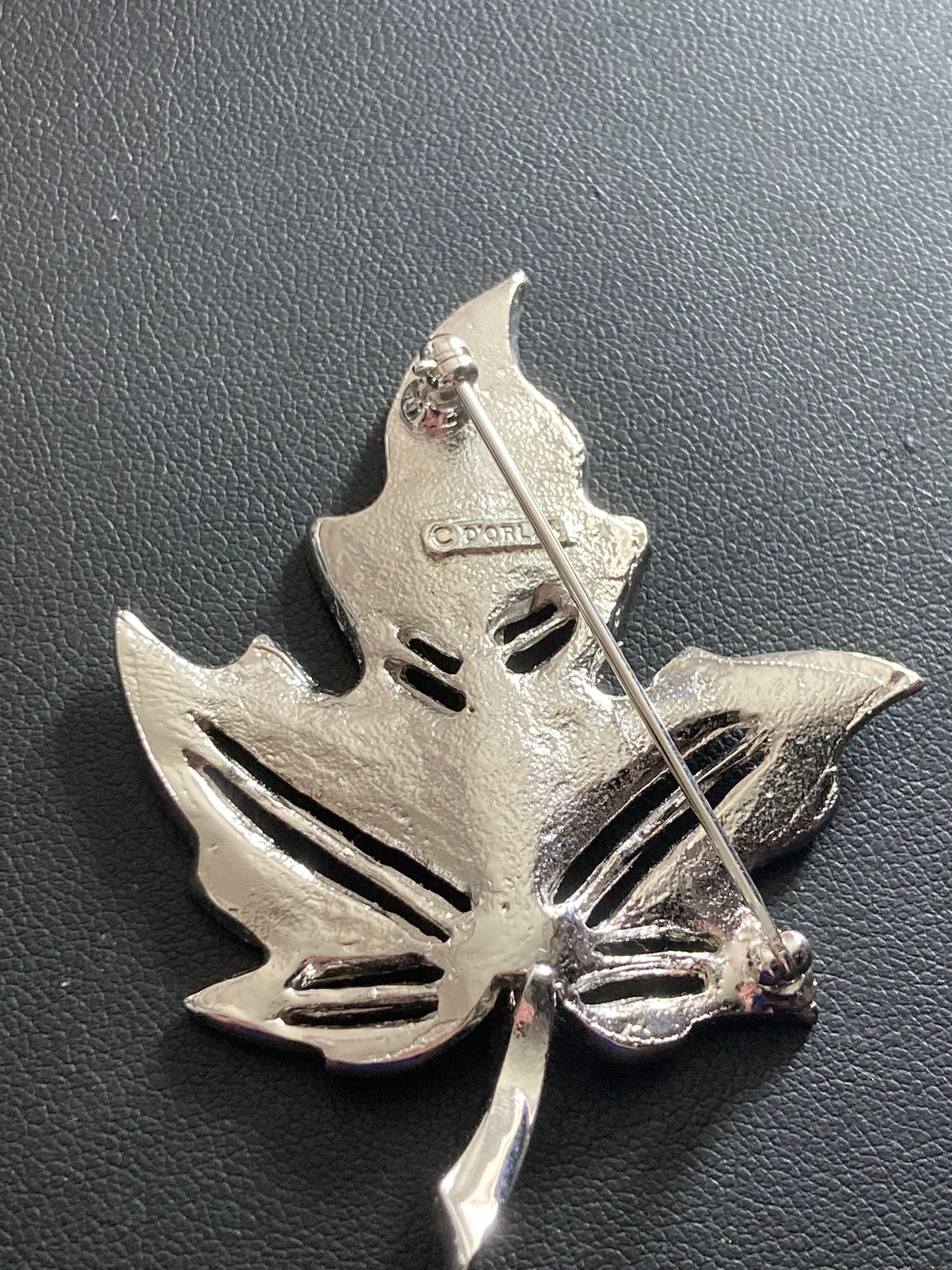 HOLLYWOOD signed silver diamanté paste maple leaf brooch