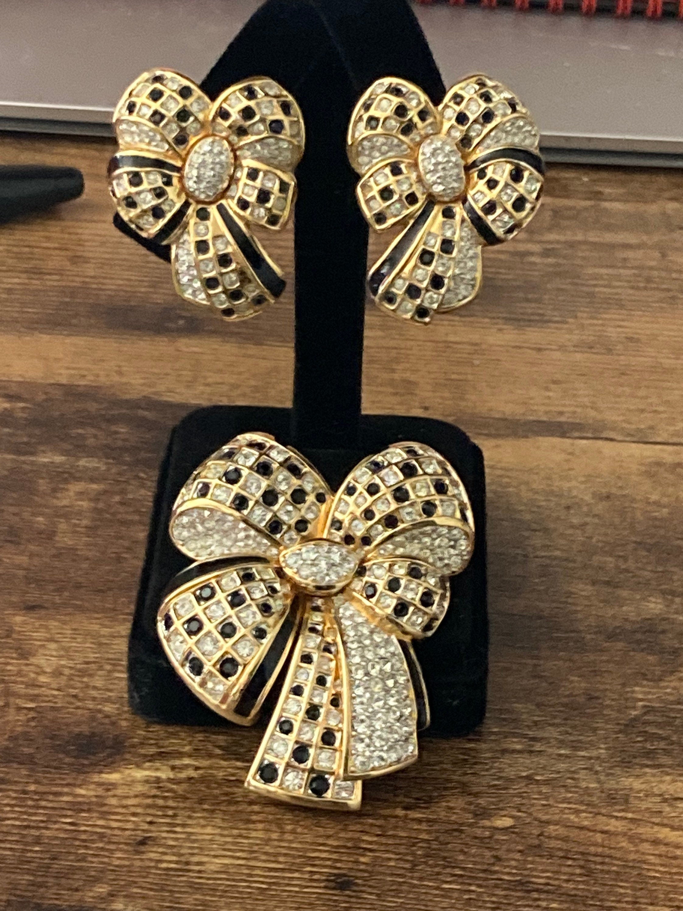 Swarovski crystal black & clear diamanté bow clip on earrings and brooch, signed jewellery set