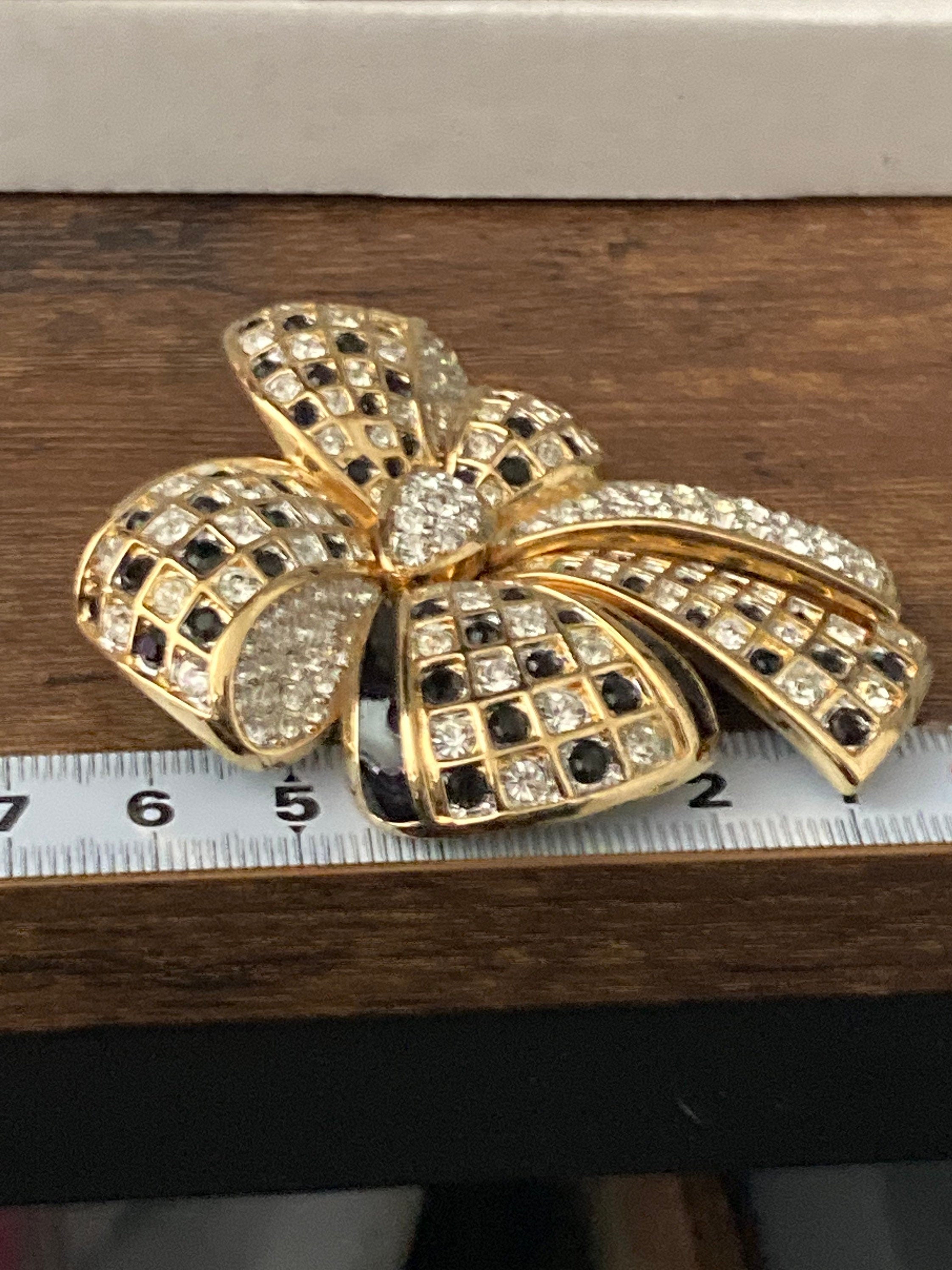 Swarovski crystal black & clear diamanté bow clip on earrings and brooch, signed jewellery set