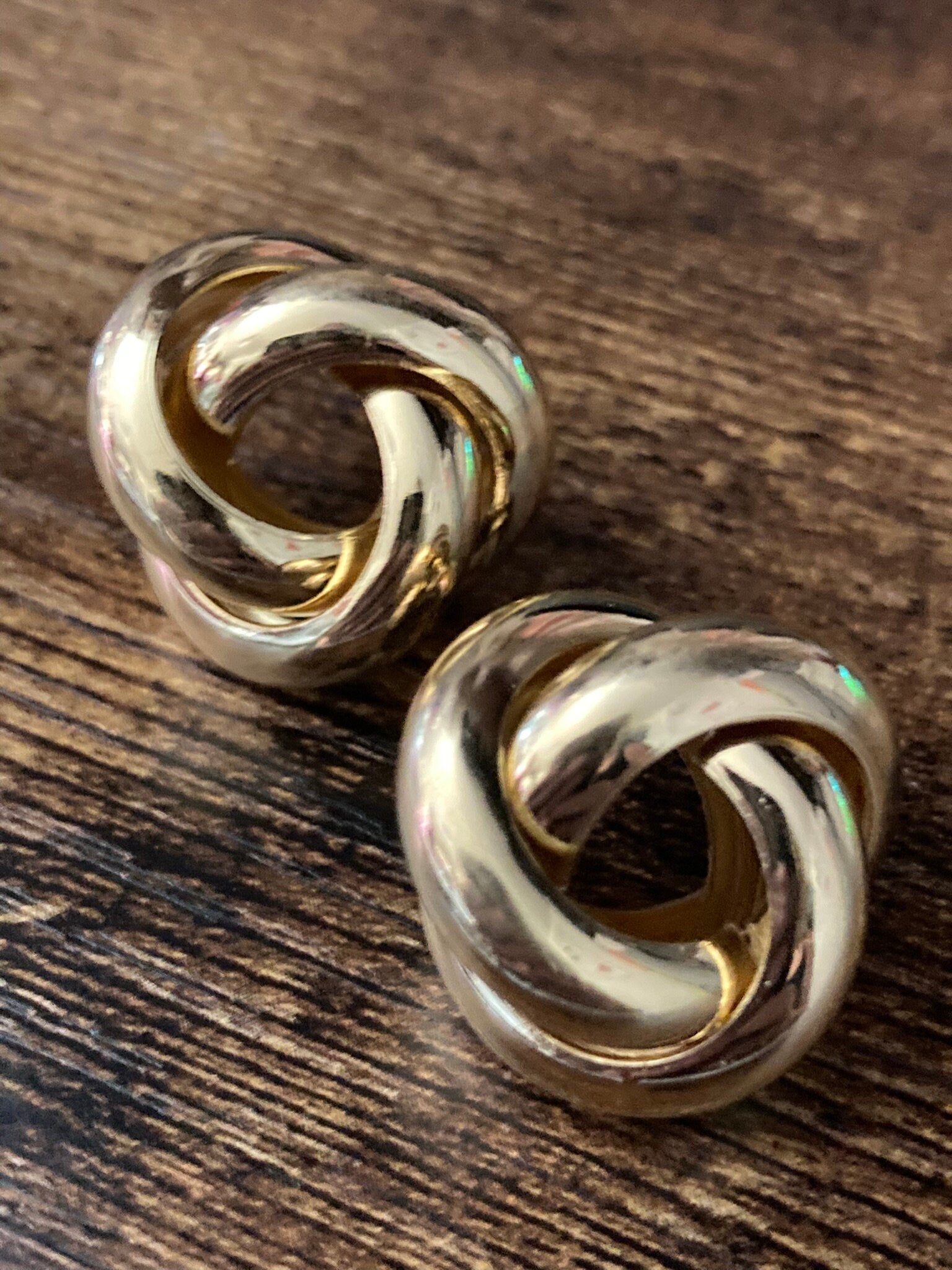 Big Tube knot earrings, pierced ears gold tone, 1980s