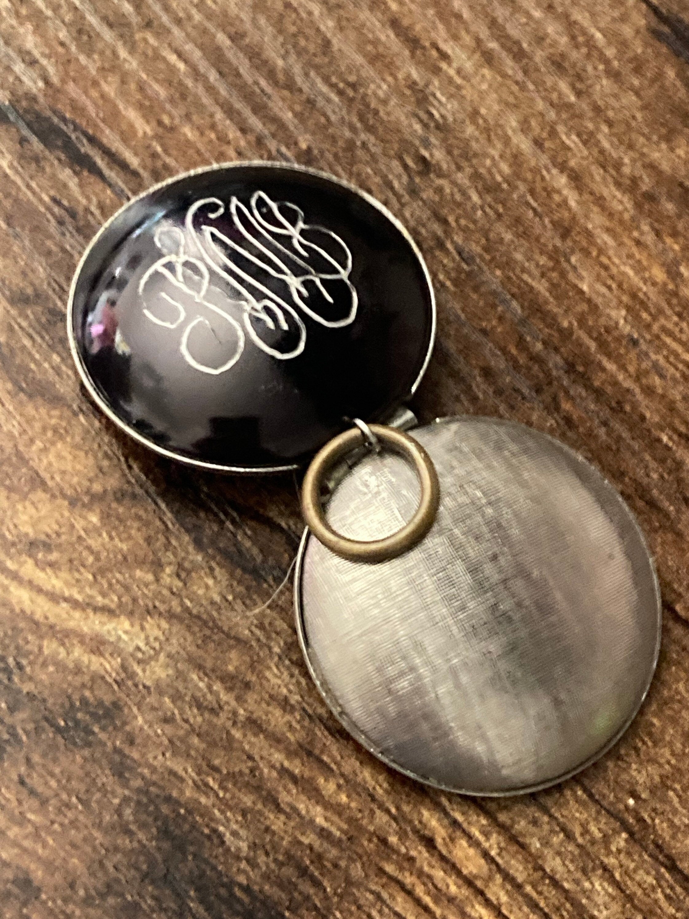 Antique silver tone brushed metal glass cabochon engraved monogrammed locket