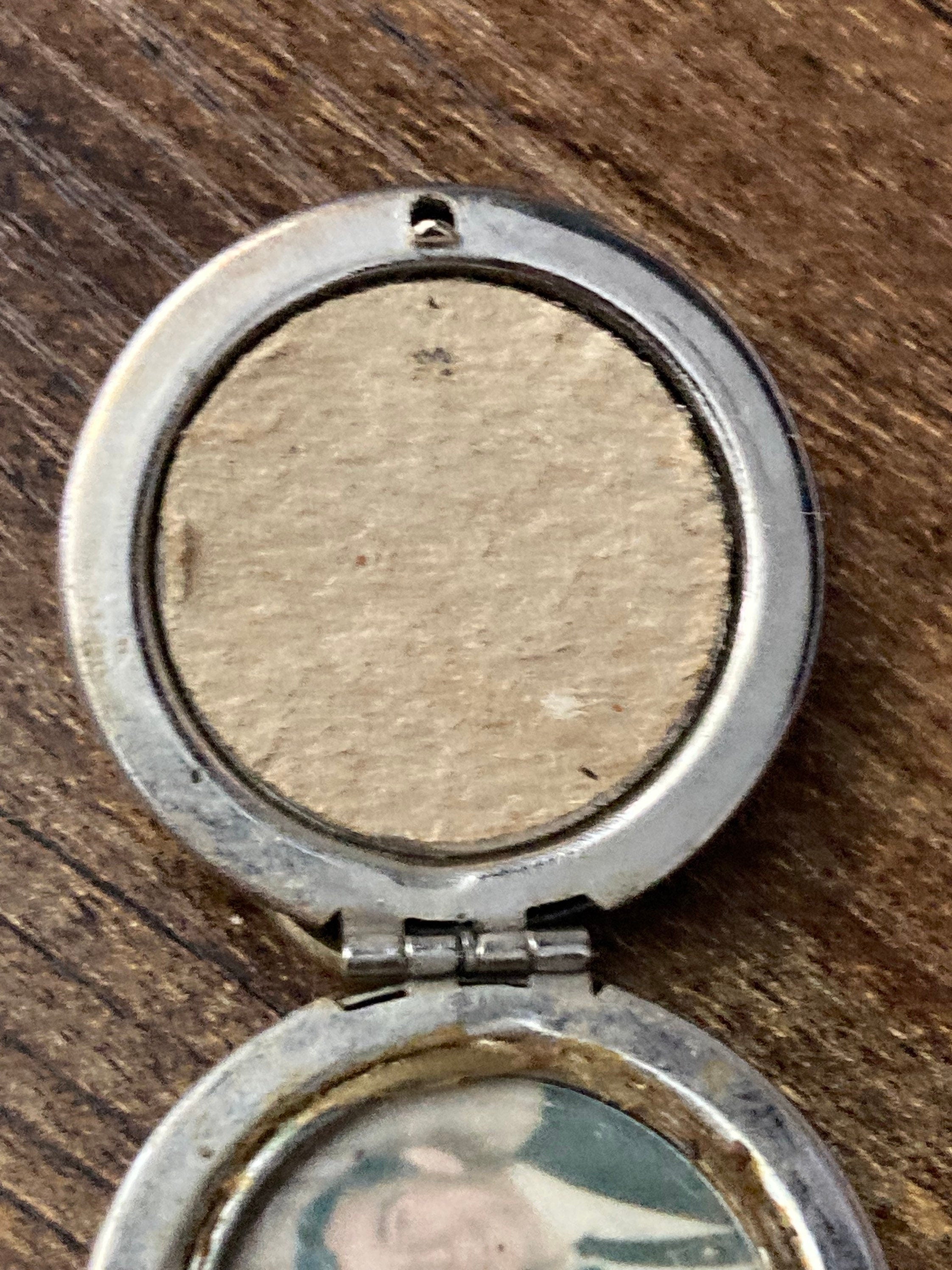 Antique silver tone brushed metal glass cabochon engraved monogrammed locket