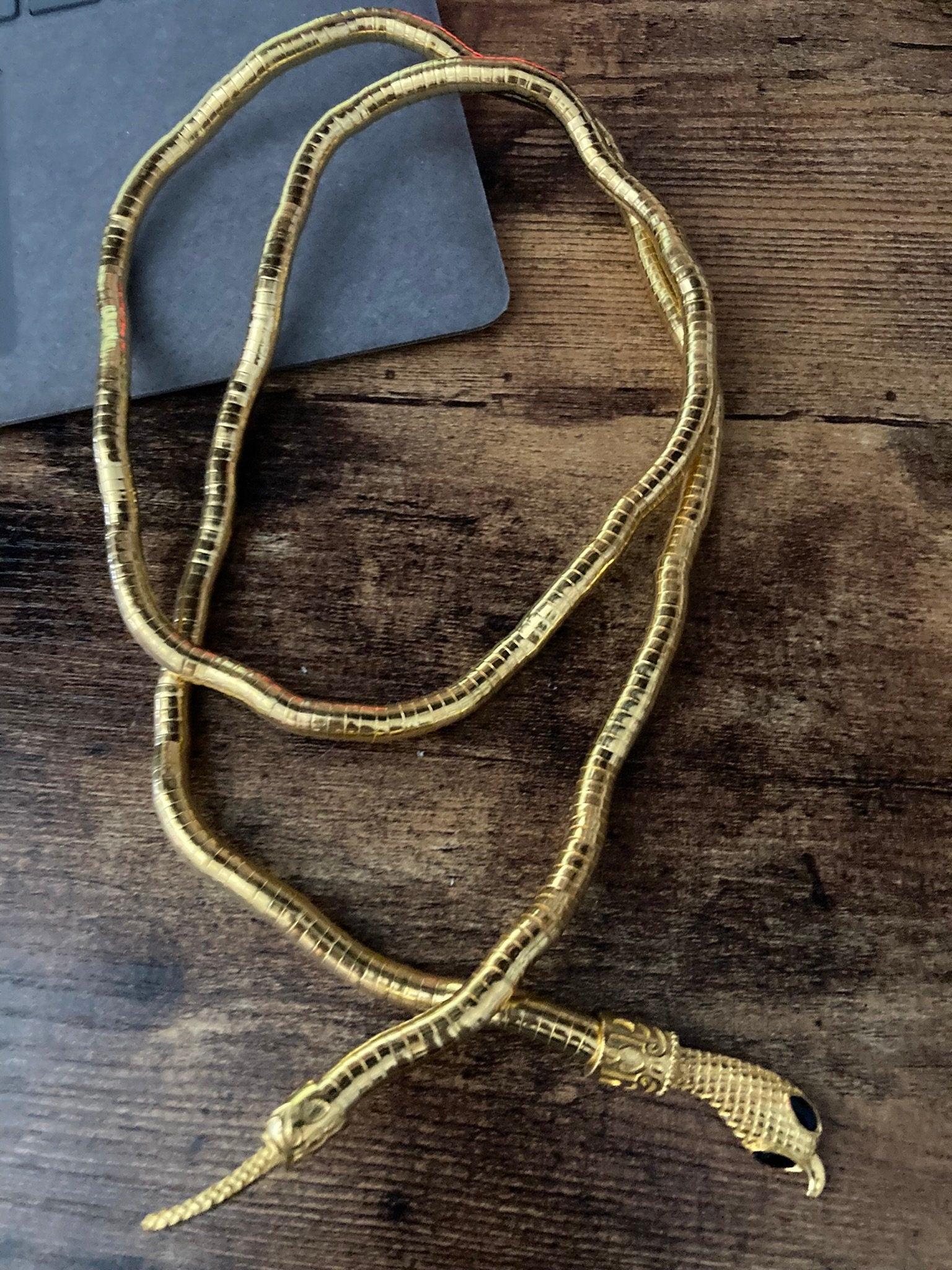 Versatile Snake wrap round choker necklace or bracelet Vintage Style Retro gold Tone metal bendy mesh 1m long Snake Diamanté eyes