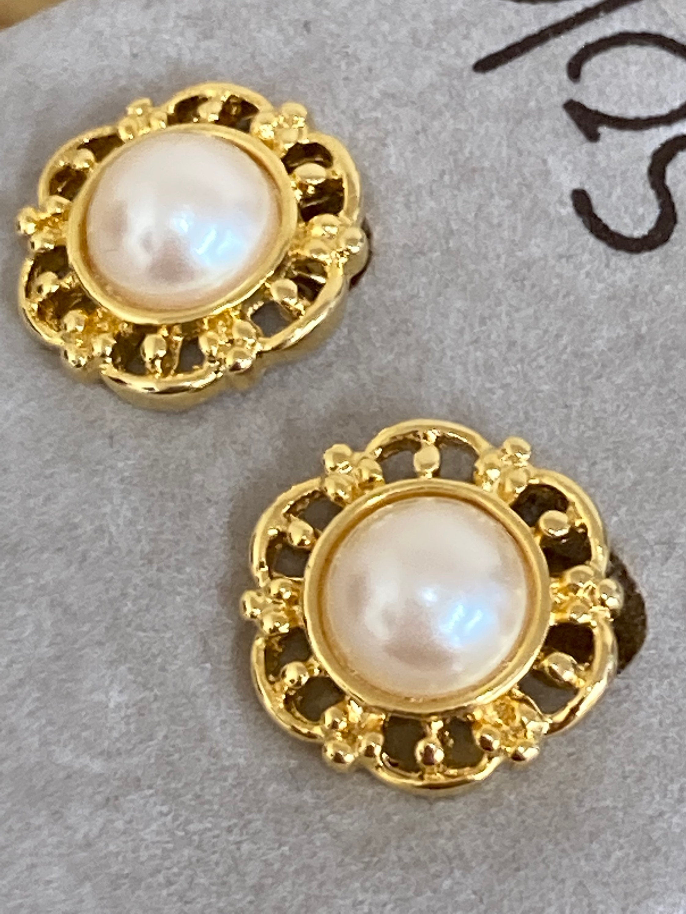Vintage SOLIEL 18k Gold Plated Faux Pearl Clip On Earrings