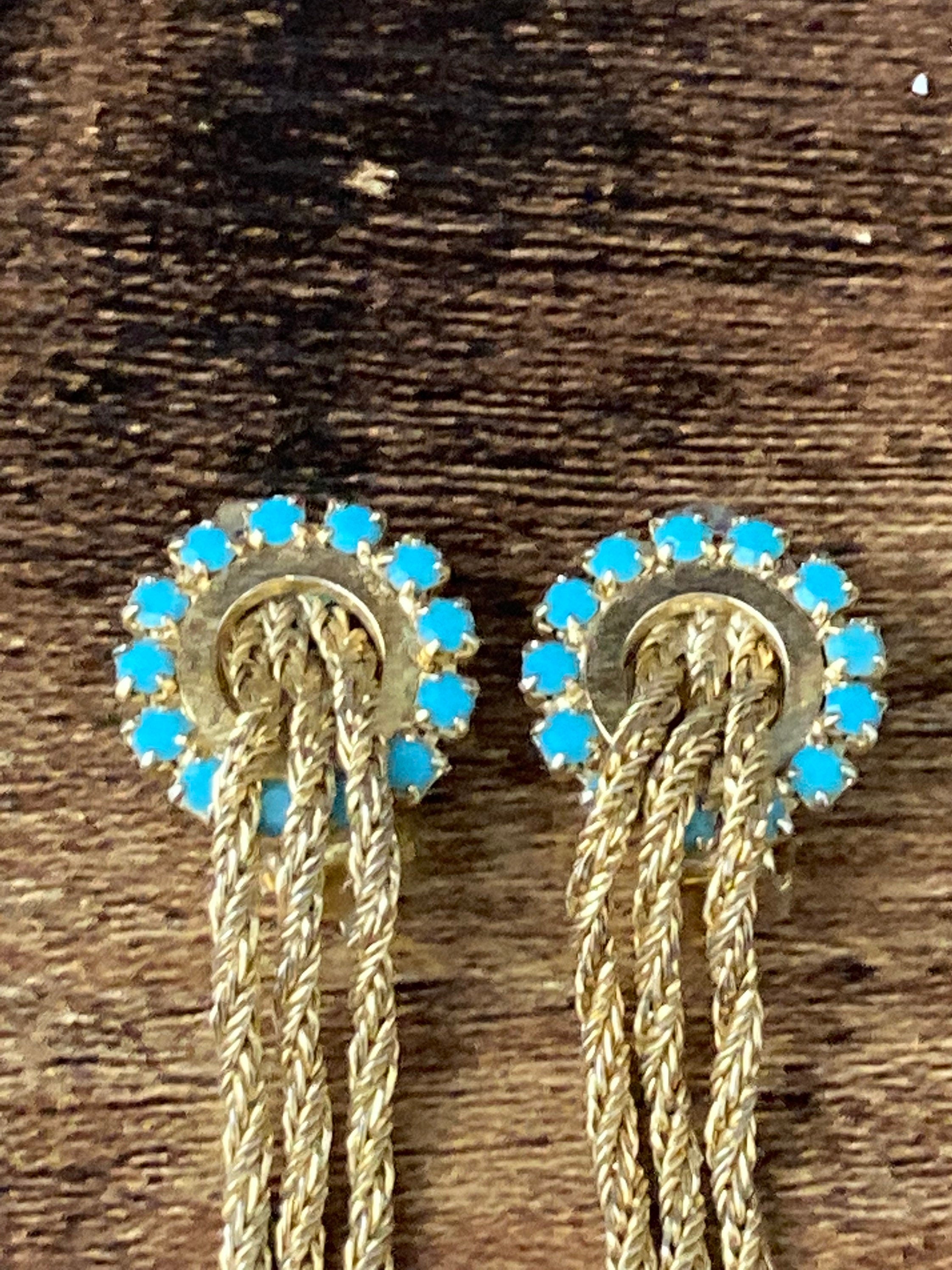 Vintage Turquoise Glass Tassel Clip On Earrings
