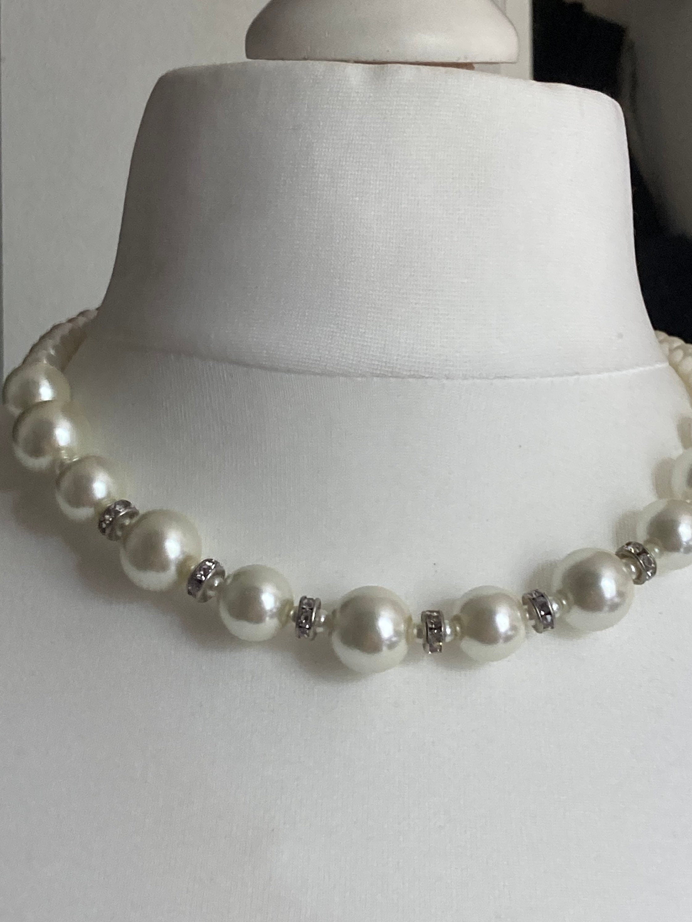 Retro M&S Cream Glass Pearl ball link diamanté Necklace single strand