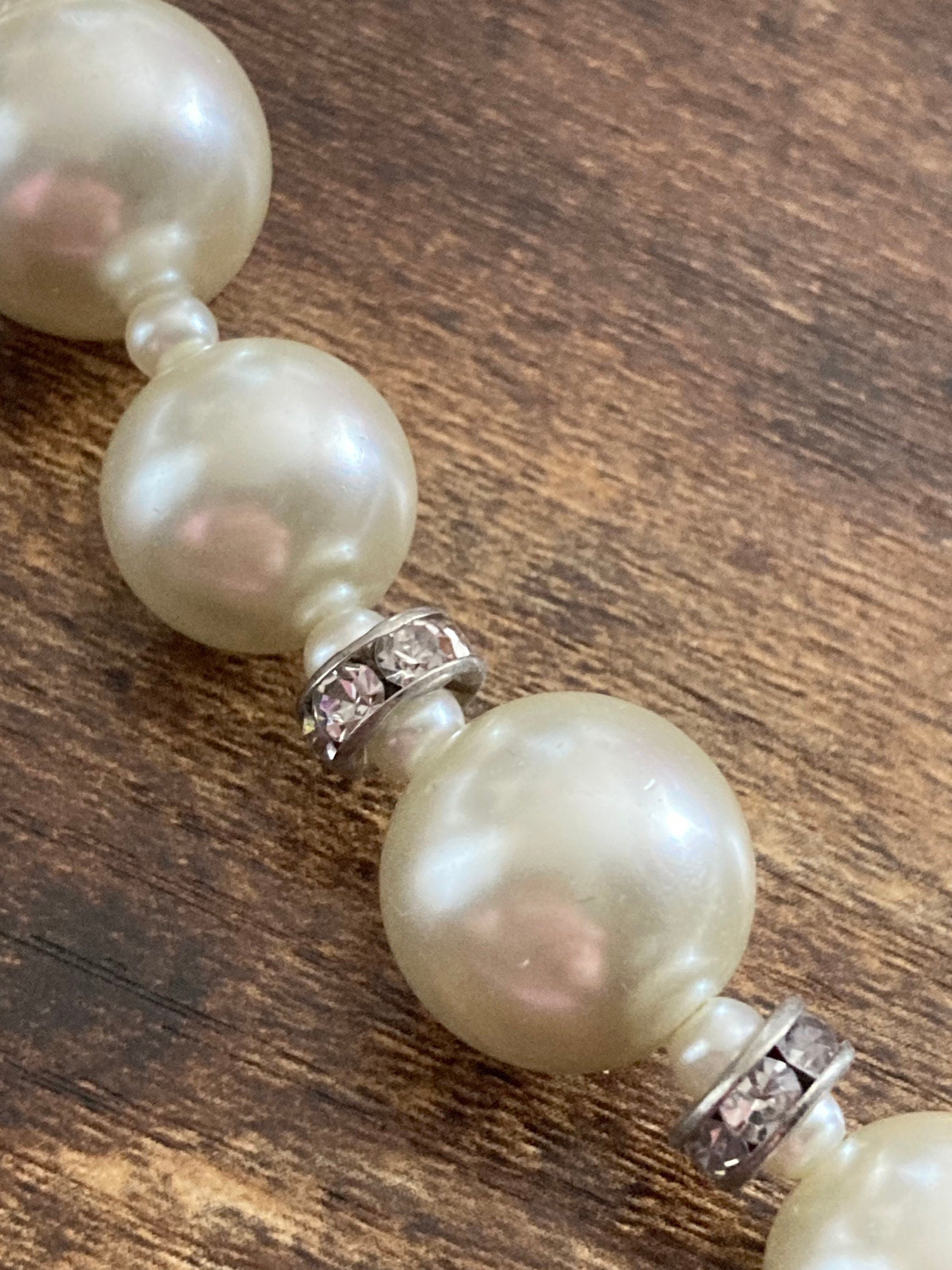 Retro M&S Cream Glass Pearl ball link diamanté Necklace single strand