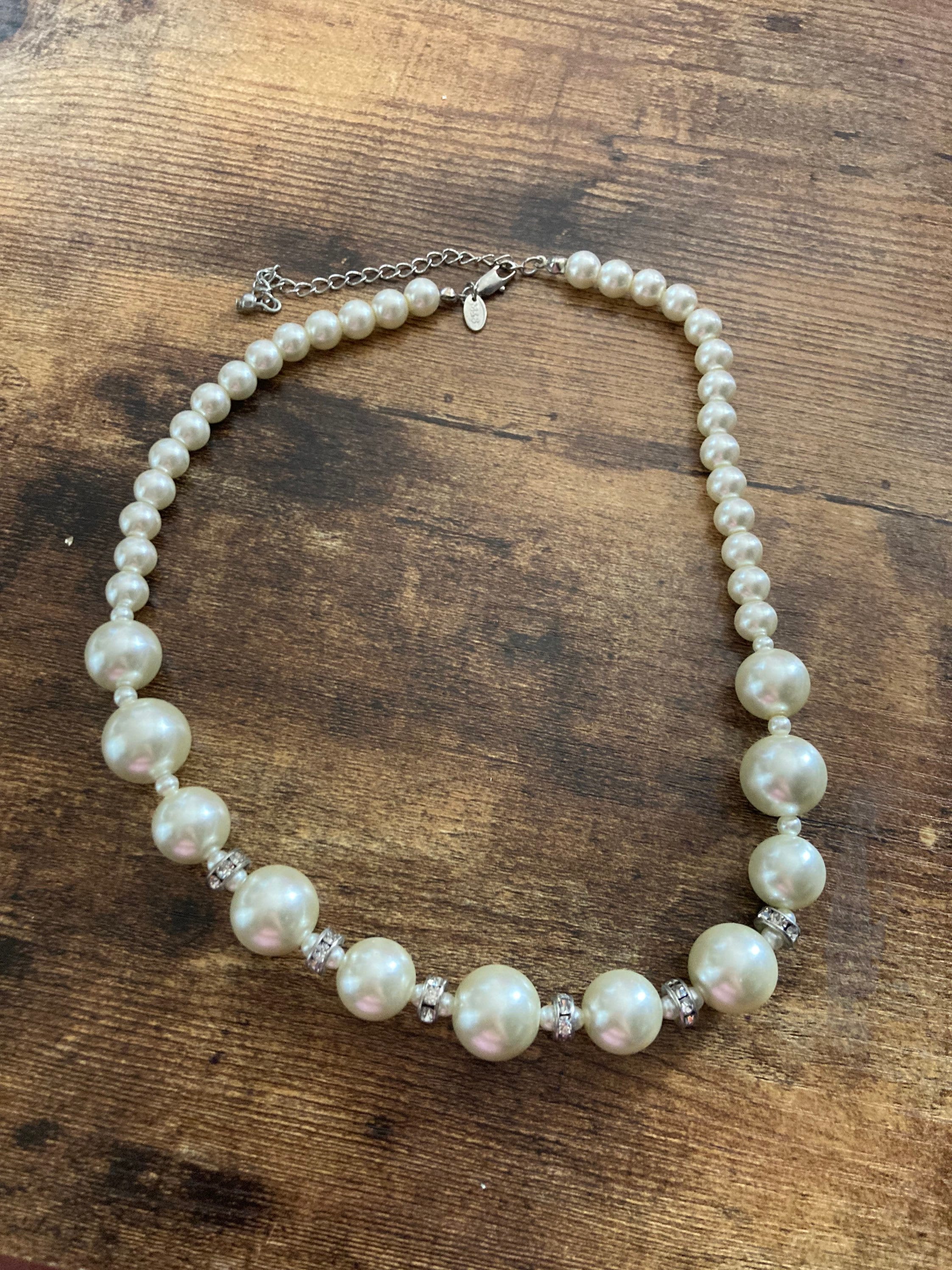 Retro M&S Cream Glass Pearl ball link diamanté Necklace single strand