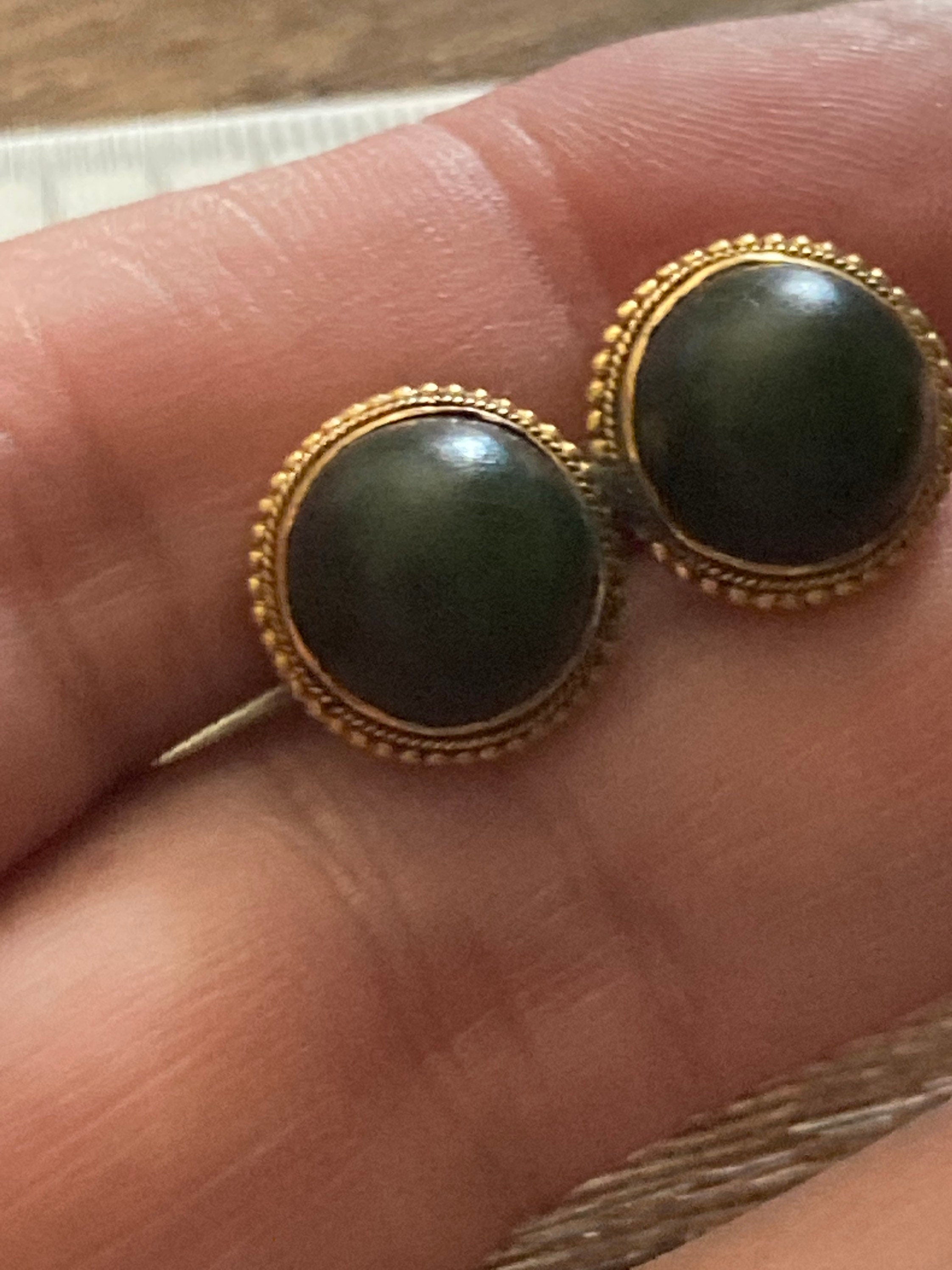 maw sit sit jade Antique Rolled gold black cabochon mourning Bar Brooch