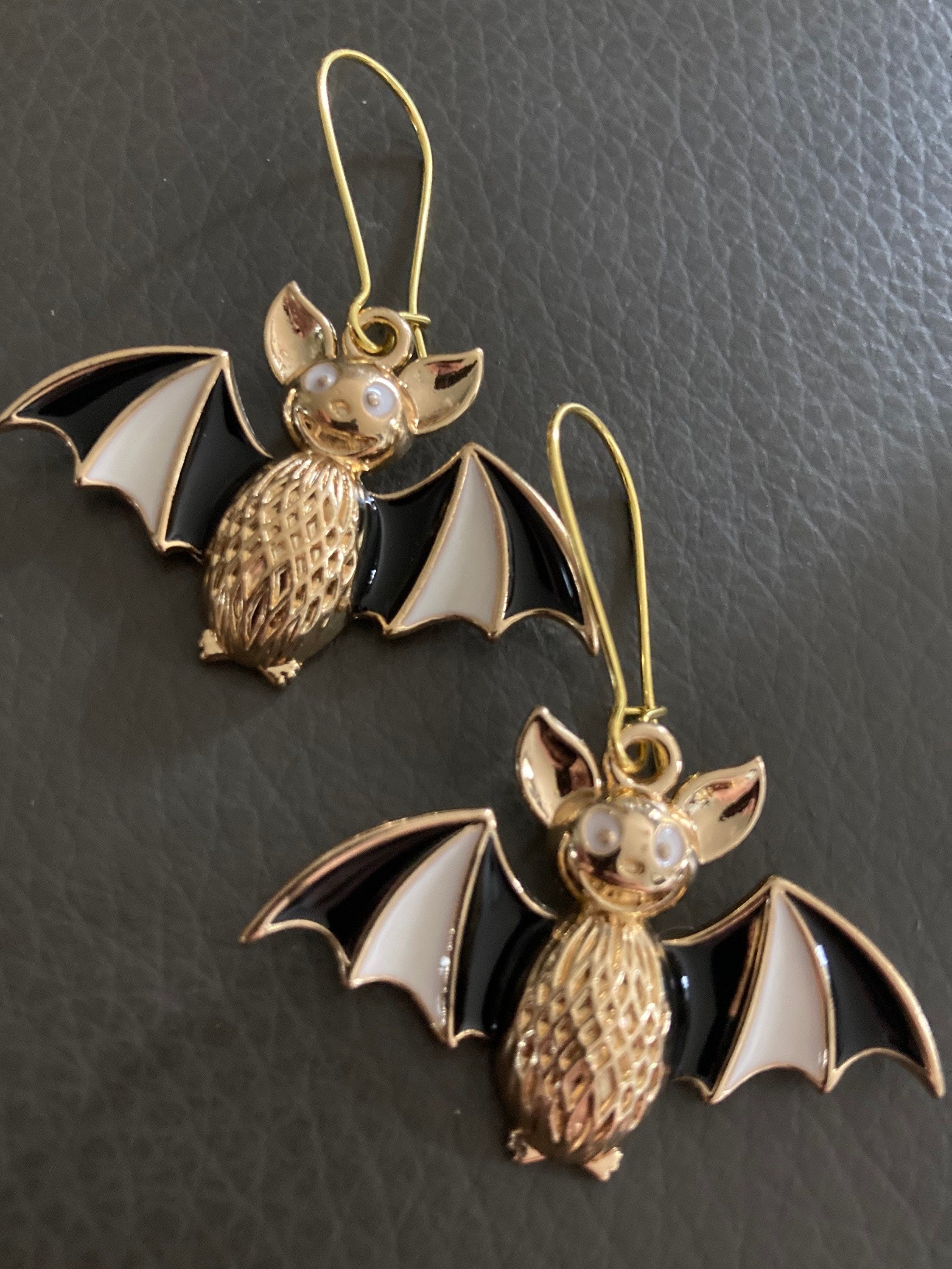 Large Handmade Novelty gold tone 3D black white enamel metal oversized BAT spooky drop earrings for Halloween