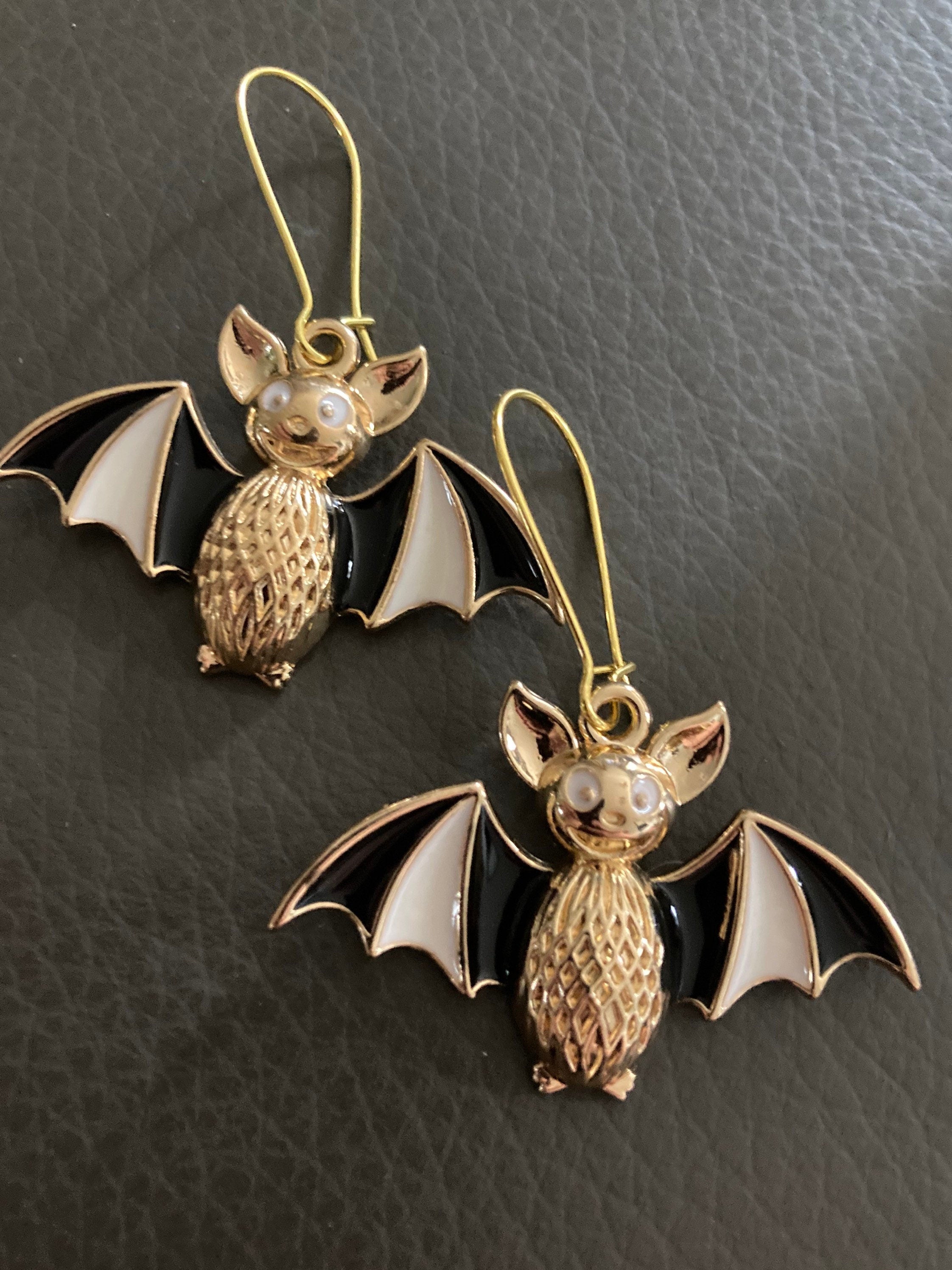 Large Handmade Novelty gold tone 3D black white enamel metal oversized BAT spooky drop earrings for Halloween