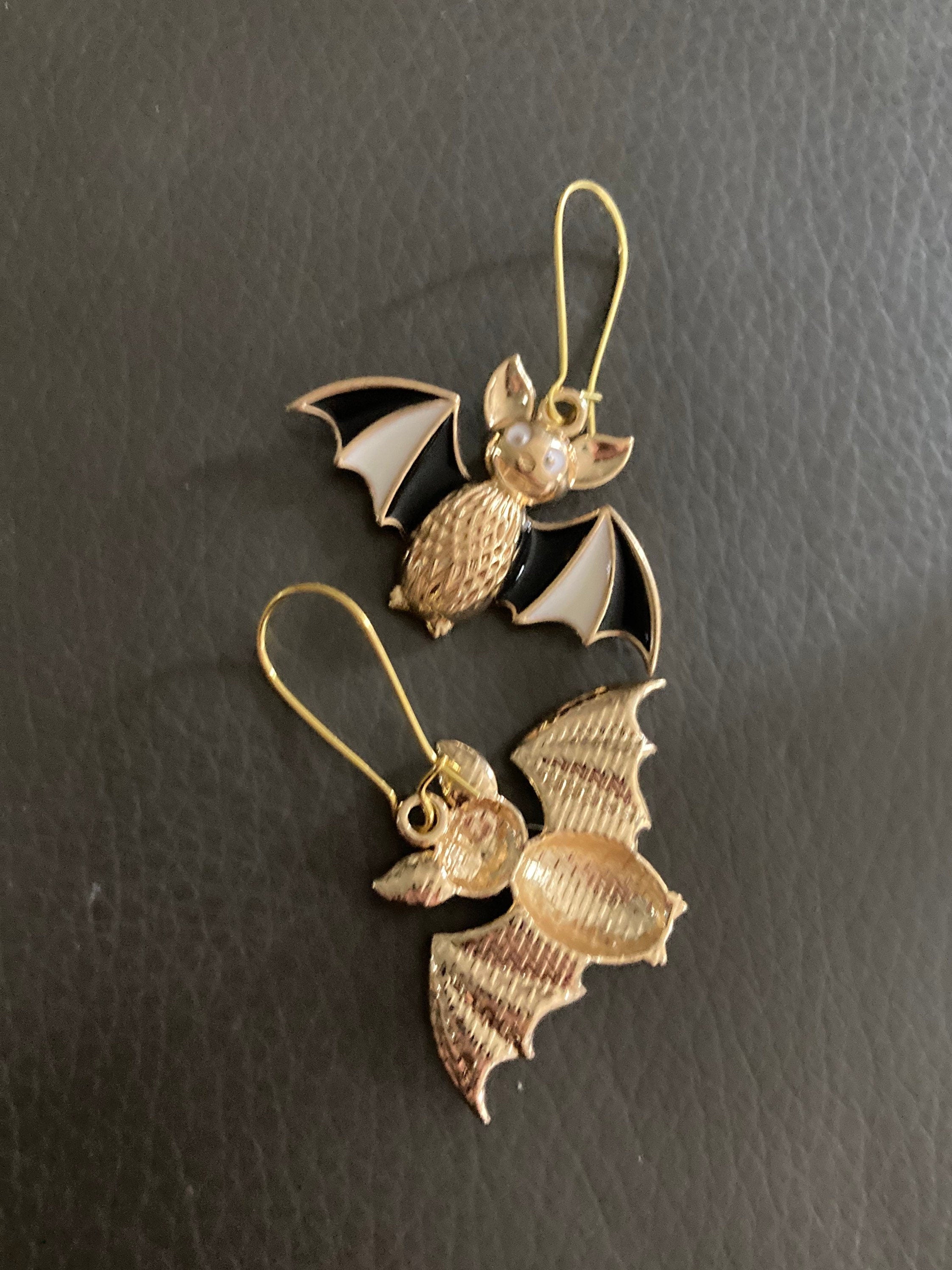 Large Handmade Novelty gold tone 3D black white enamel metal oversized BAT spooky drop earrings for Halloween