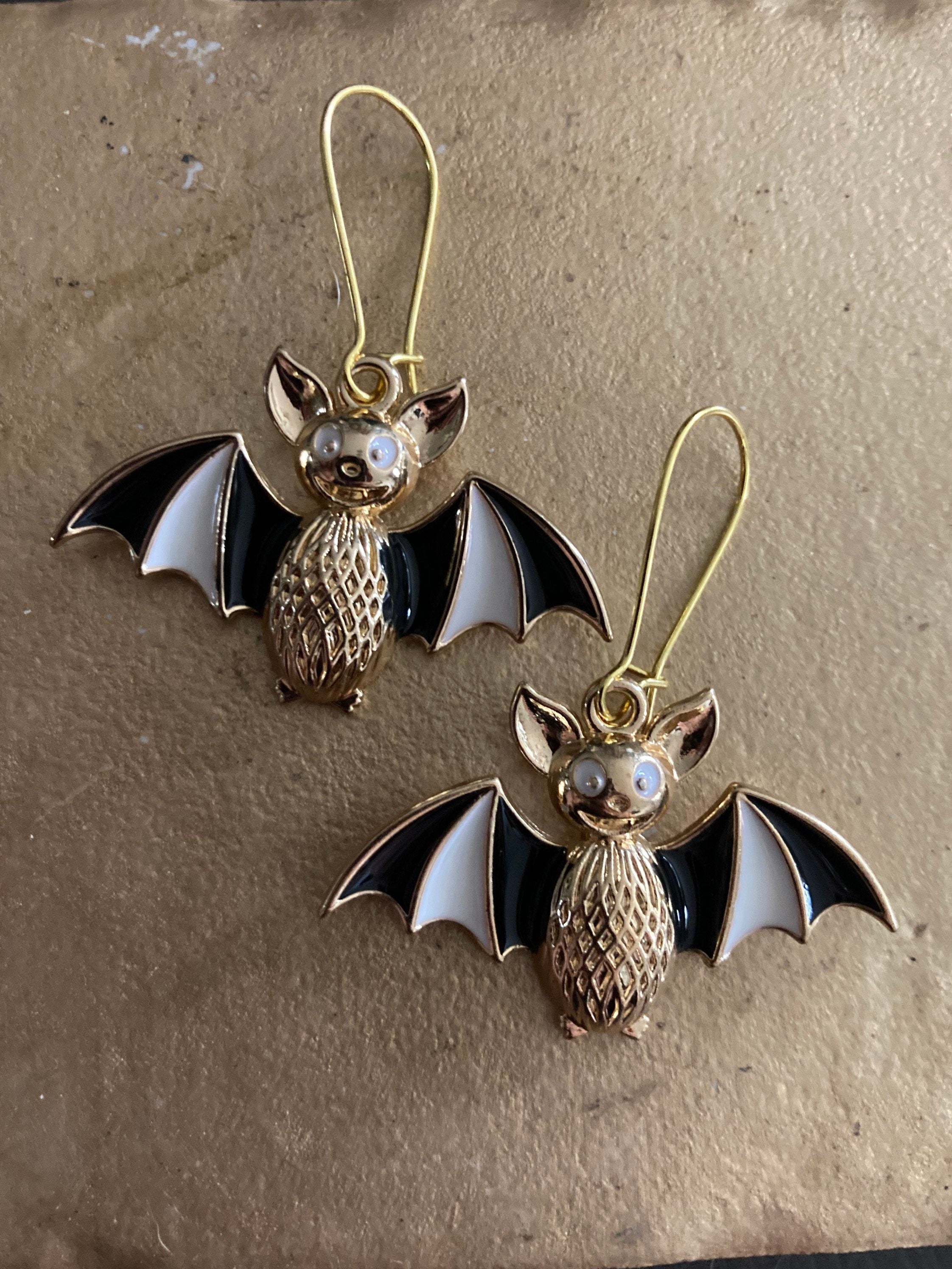 Large Handmade Novelty gold tone 3D black white enamel metal oversized BAT spooky drop earrings for Halloween
