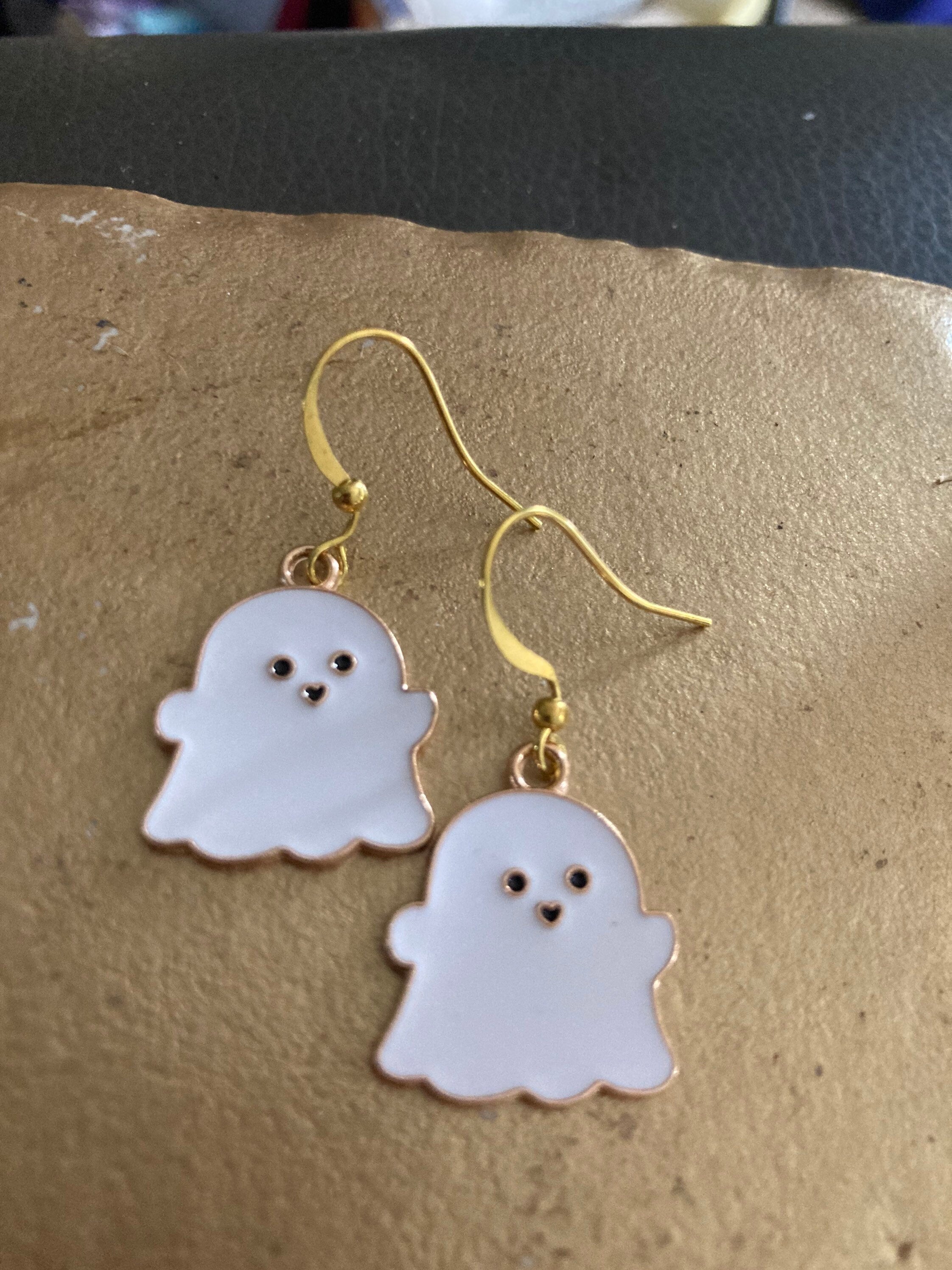 Handmade Novelty gold white enamel metal cute GHOST spooky drop earrings for pierced ears! Halloween