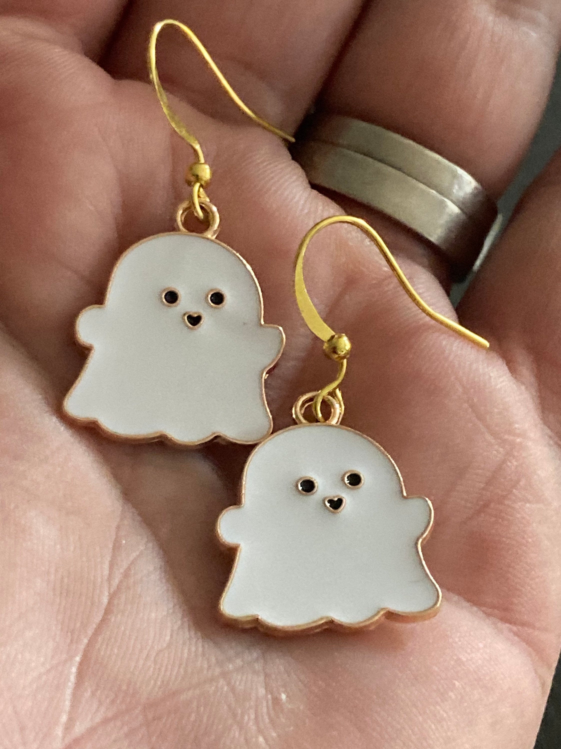 Handmade Novelty gold white enamel metal cute GHOST spooky drop earrings for pierced ears! Halloween