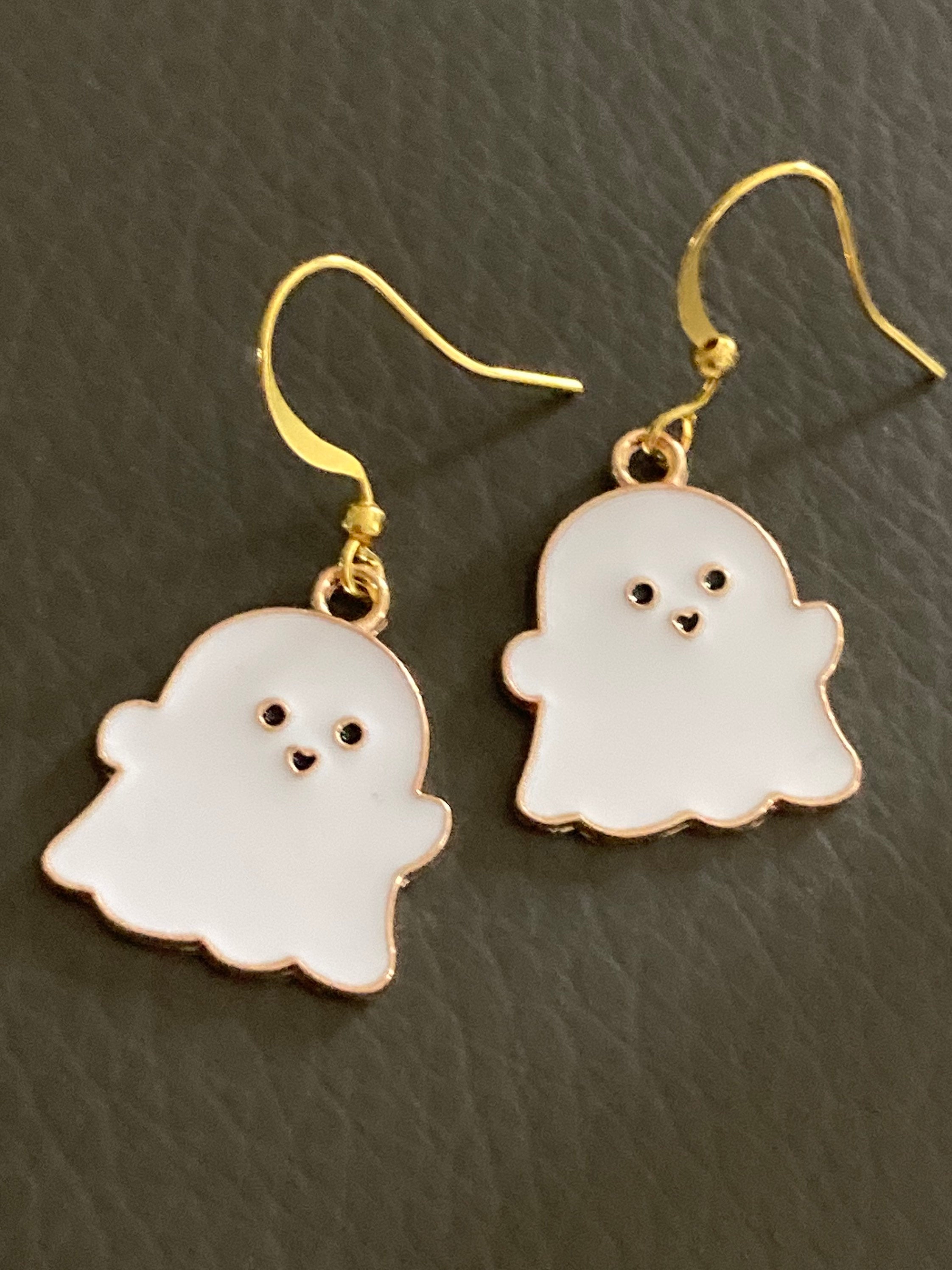 Handmade Novelty gold white enamel metal cute GHOST spooky drop earrings for pierced ears! Halloween
